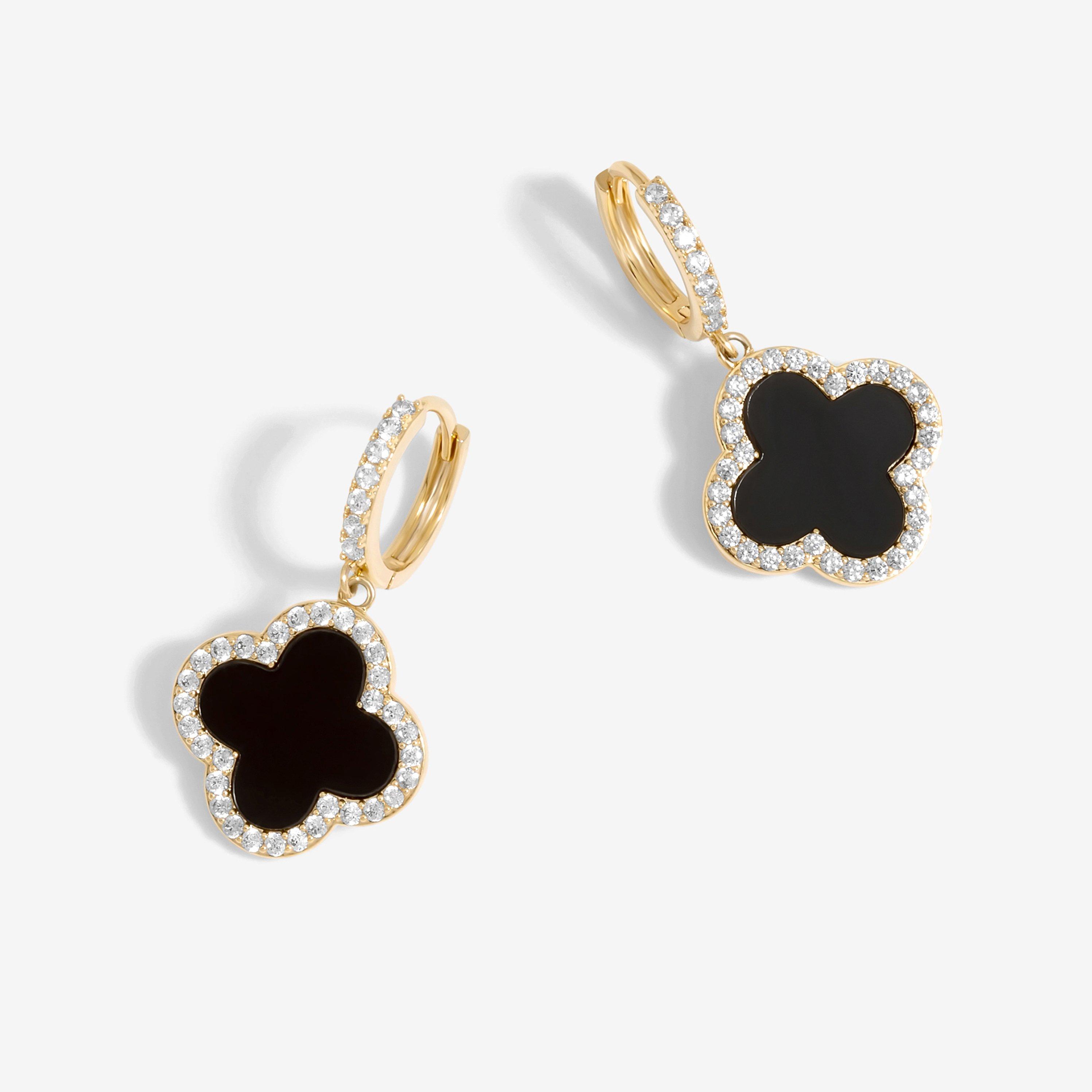 Gold - Jon Richard - Gold Plated and Jet Clover Huggie Earrings - 1