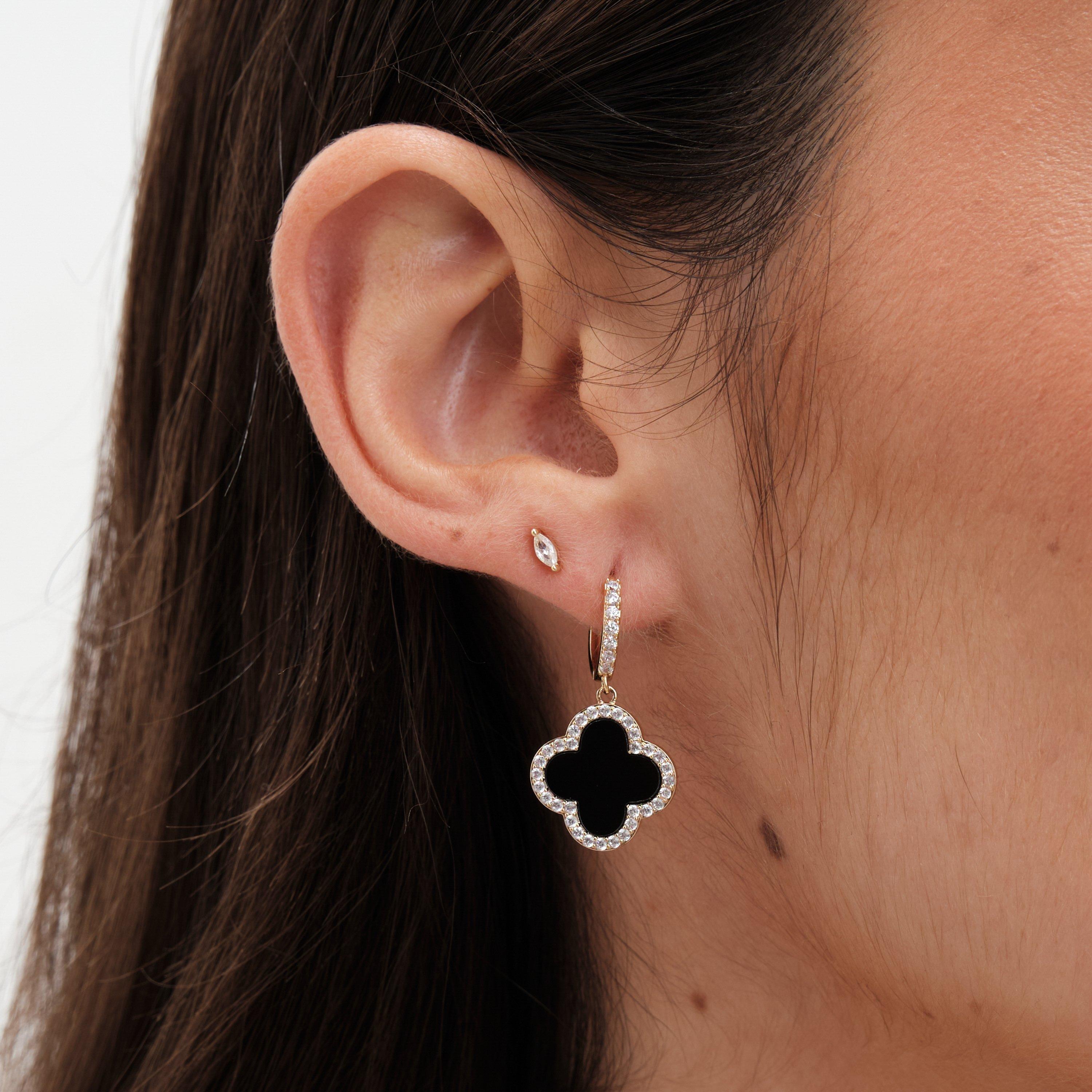 Gold - Jon Richard - Gold Plated and Jet Clover Huggie Earrings - 2