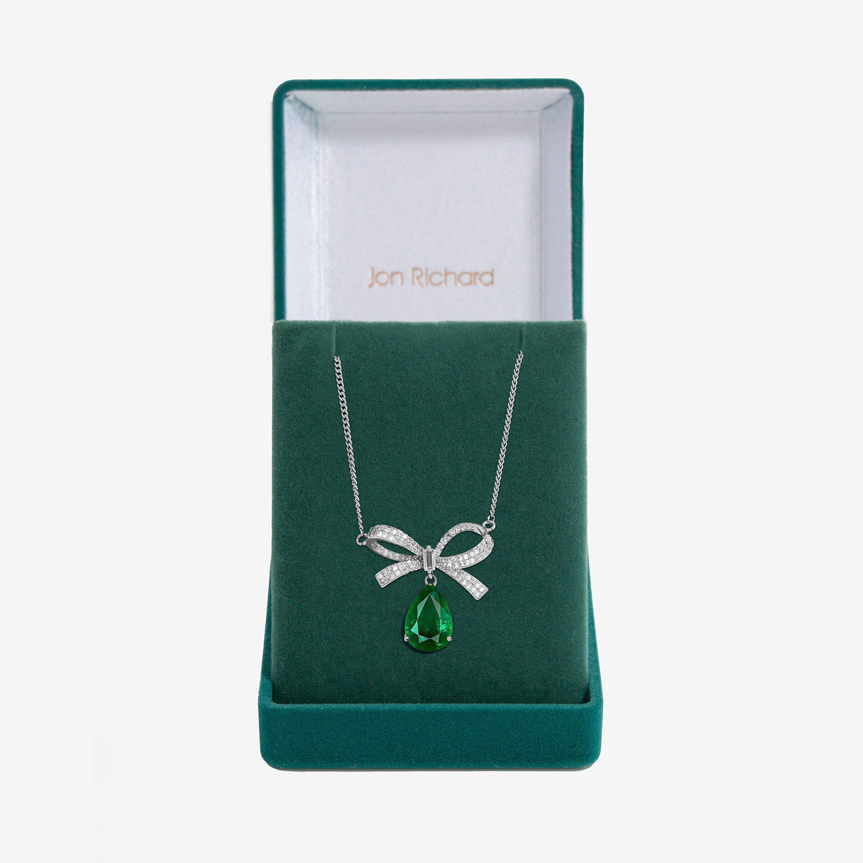 Silver - Jon Richard - Rhodium And Emerald Bow Pendant - Gift Boxed - 1