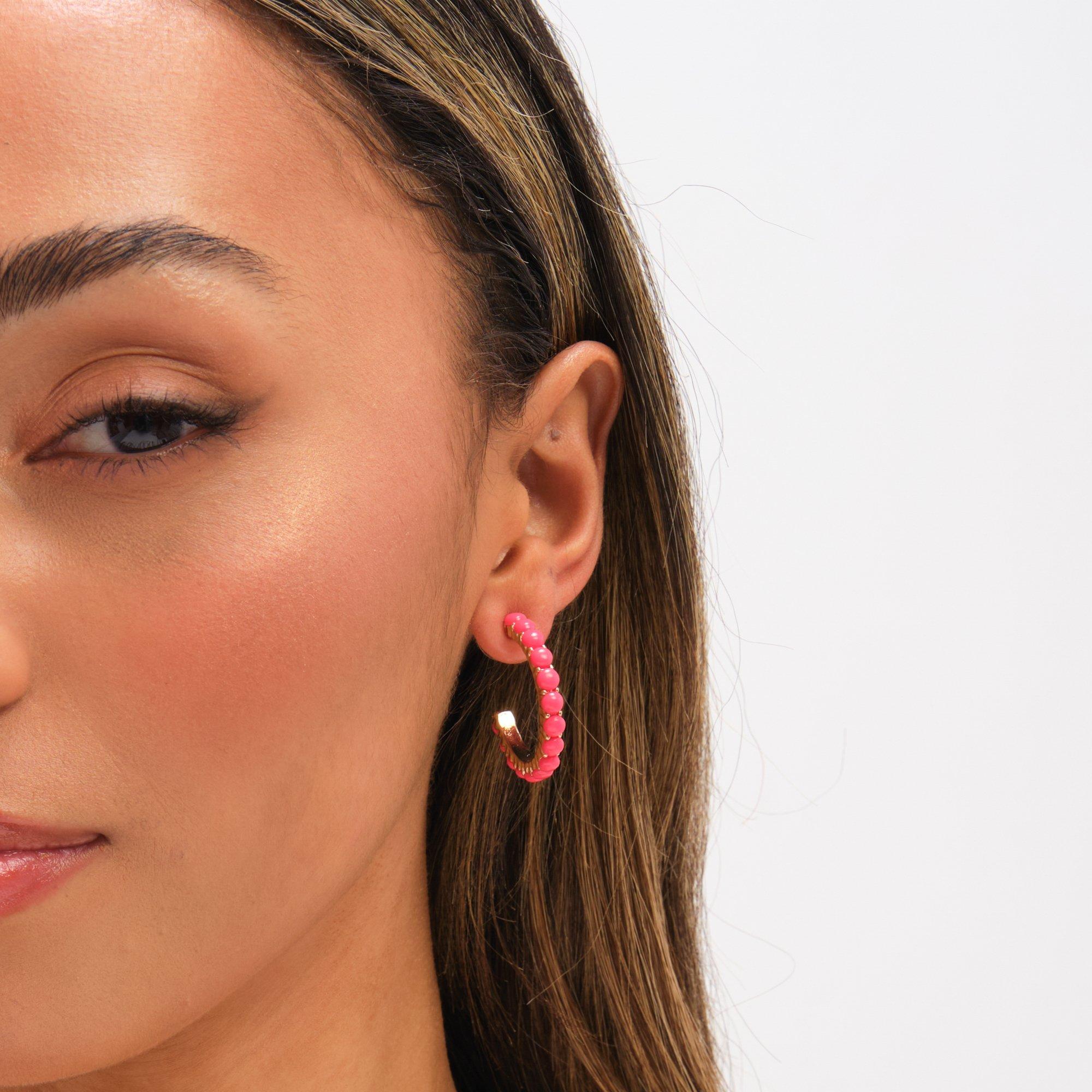 Gold - Mood - Gold Plated and Coral Bead Hoop Earrings - 2