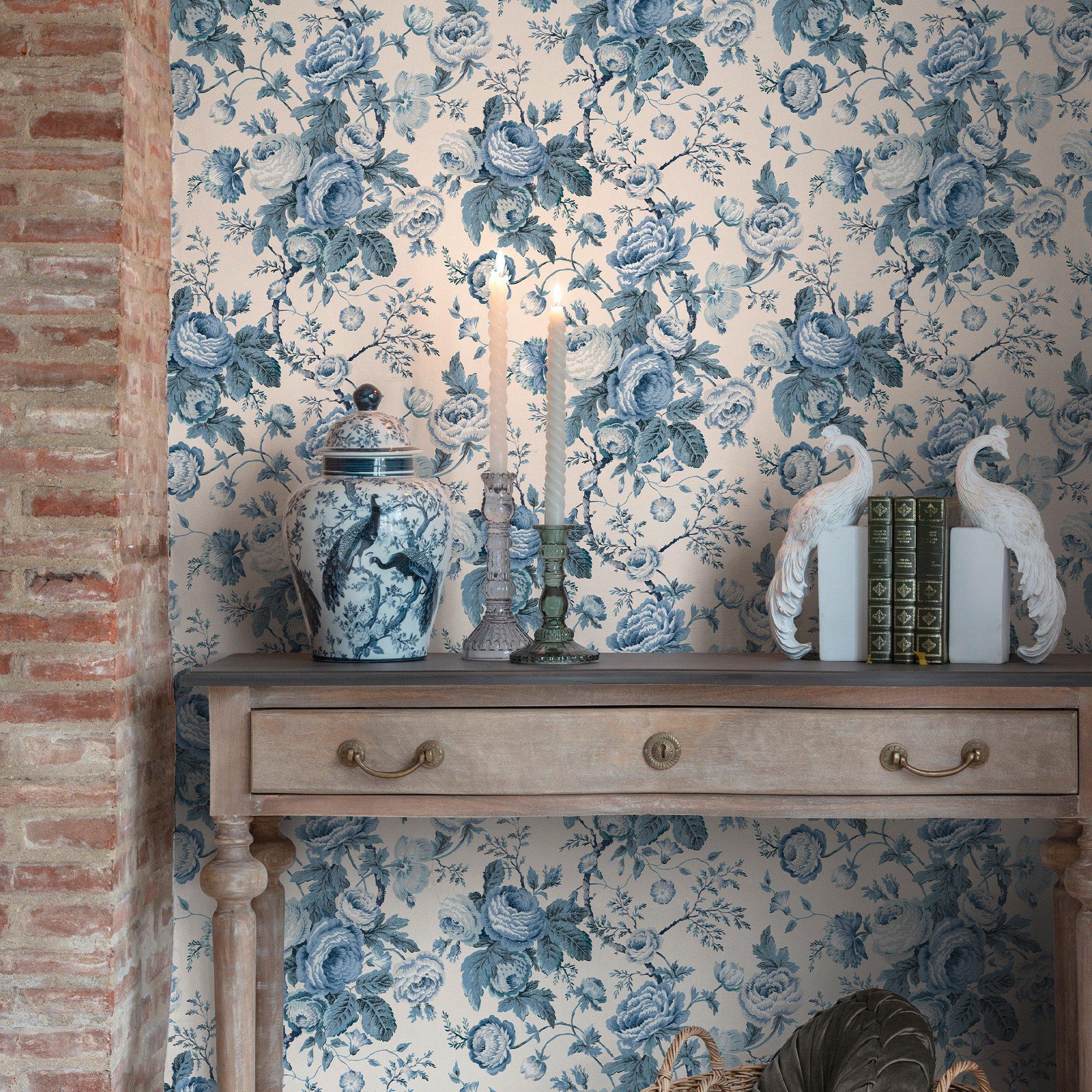 Blue - Laura Ashley - Uffington Roses Dark Seapsray Wallpap - 1