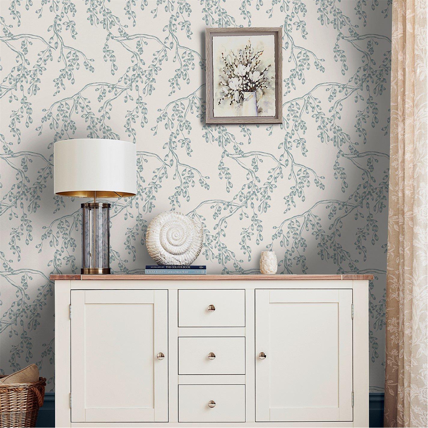Laura Ashley  Rainham Willow Newport Blue Wallpaper - White