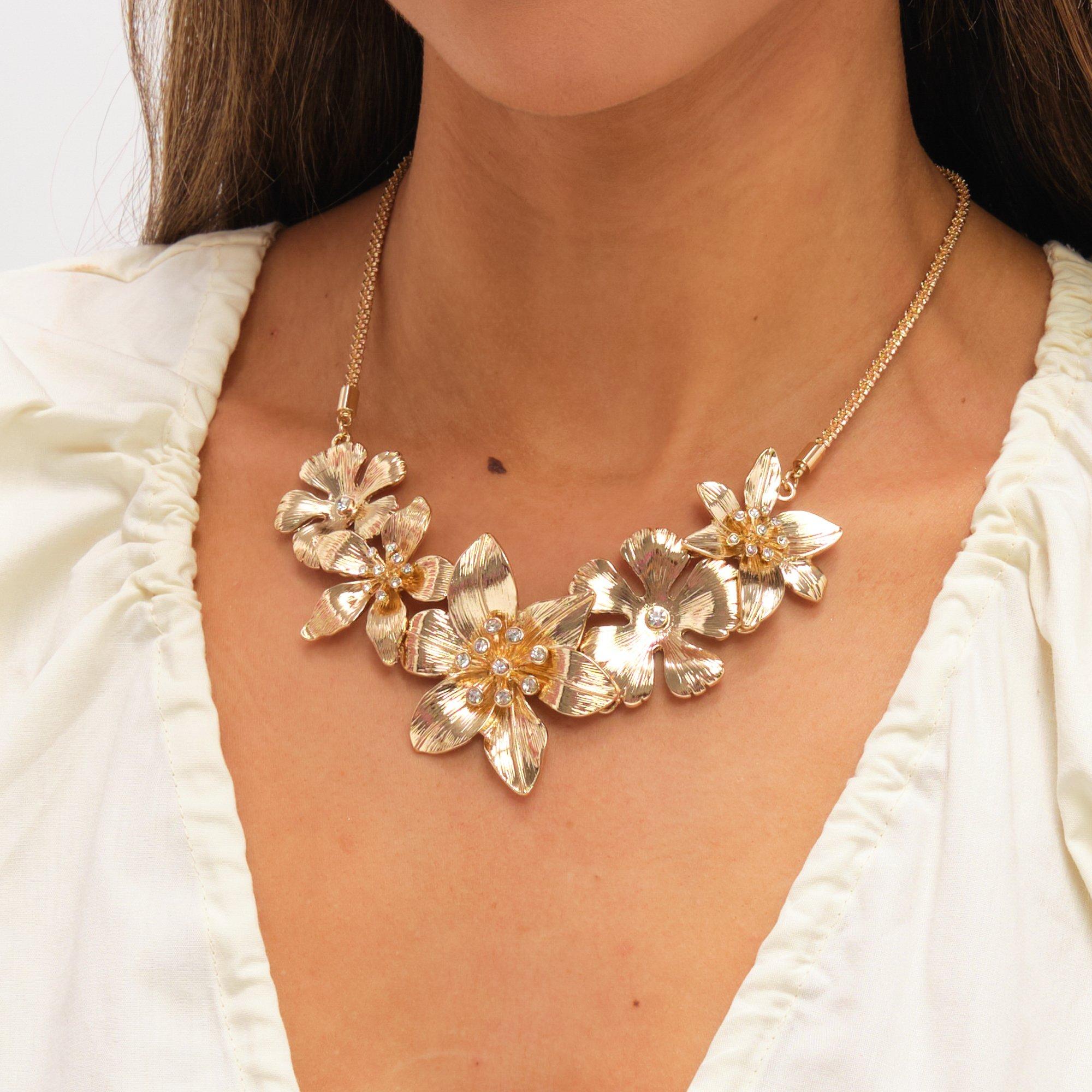 Gold - Mood - Gold Polished Statement Floral Necklace - 2