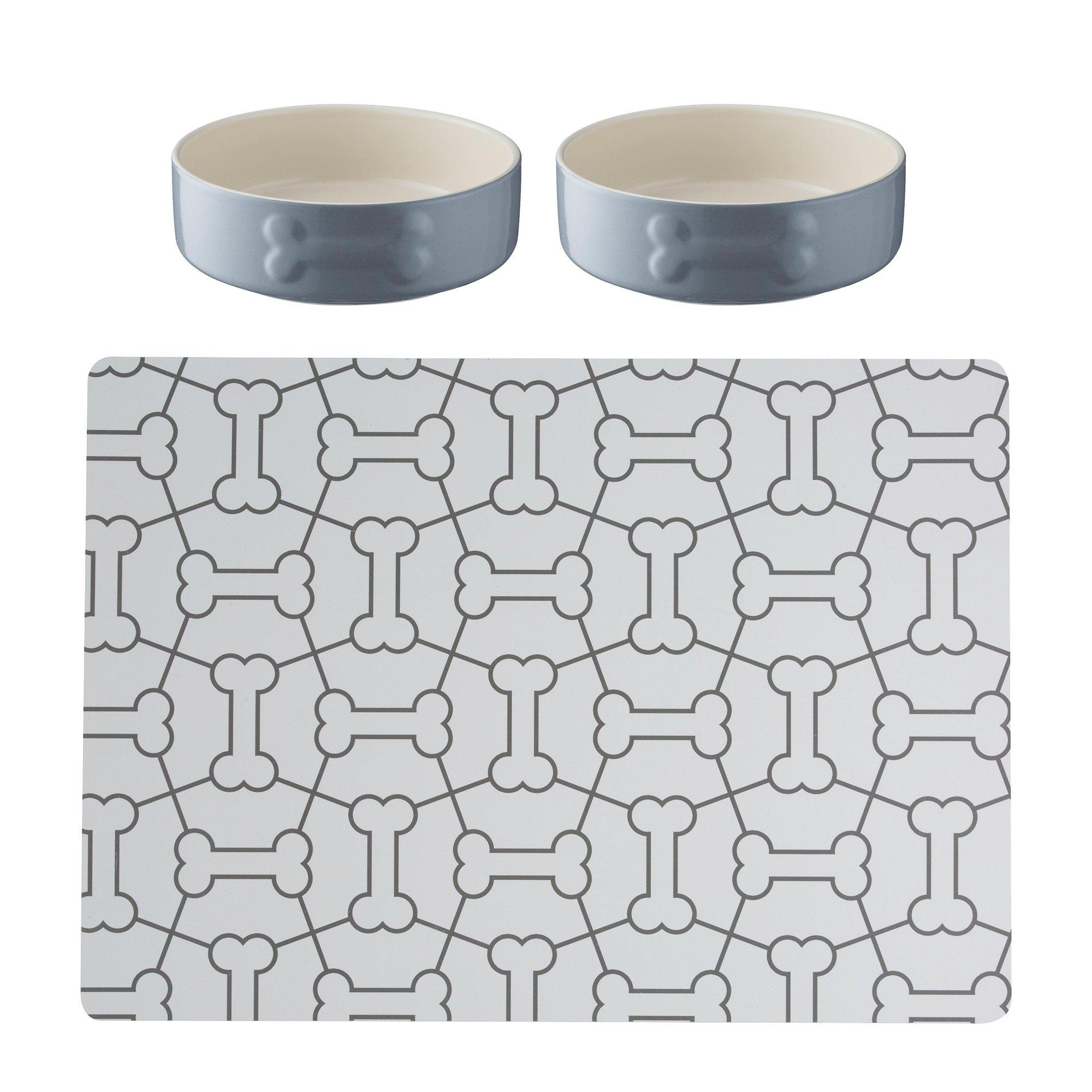 Grey - Mason Cash - 2x Colour Mix Dog Bowls and Mat
