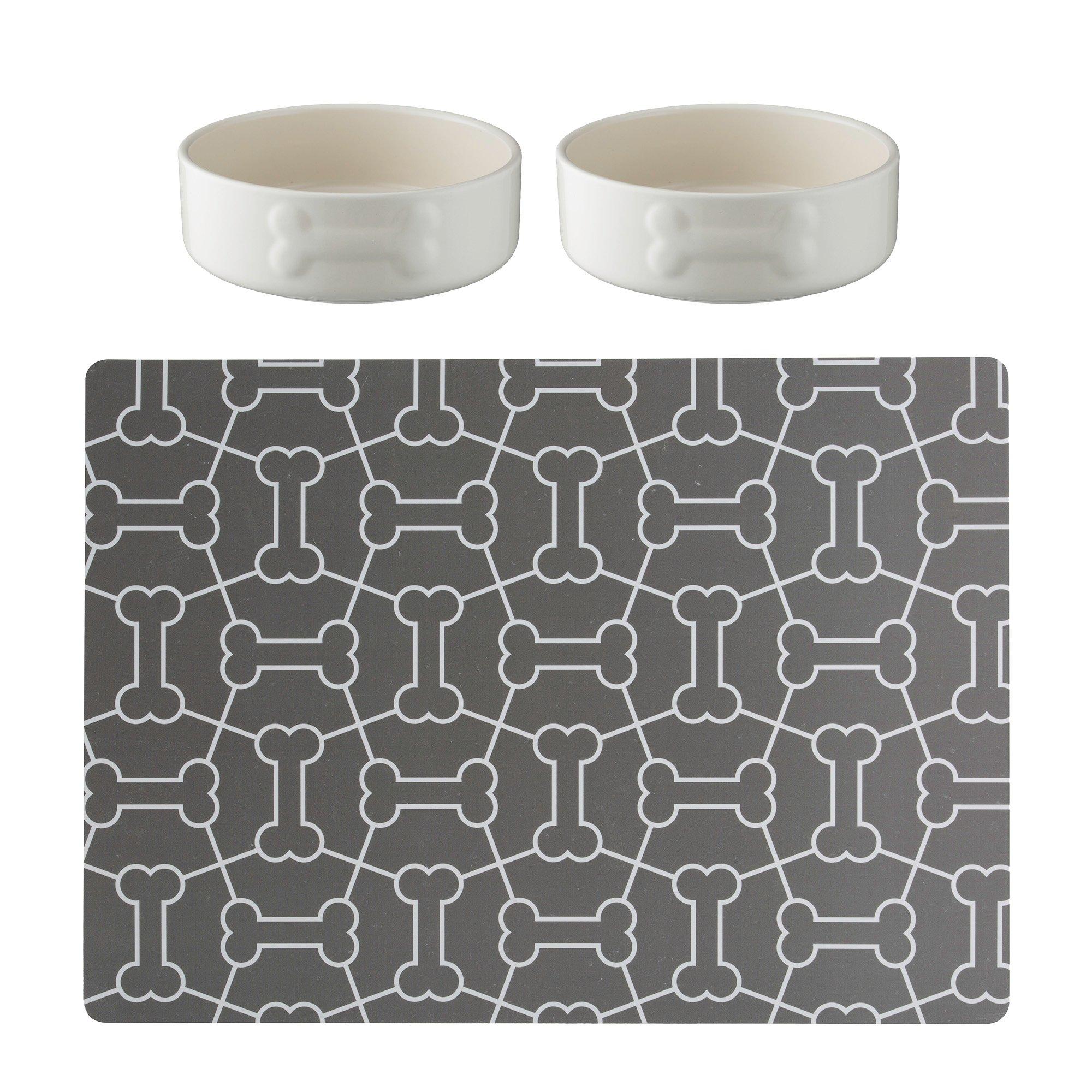 Cream - Mason Cash - 2x Colour Mix Dog Bowls and Mat - 1