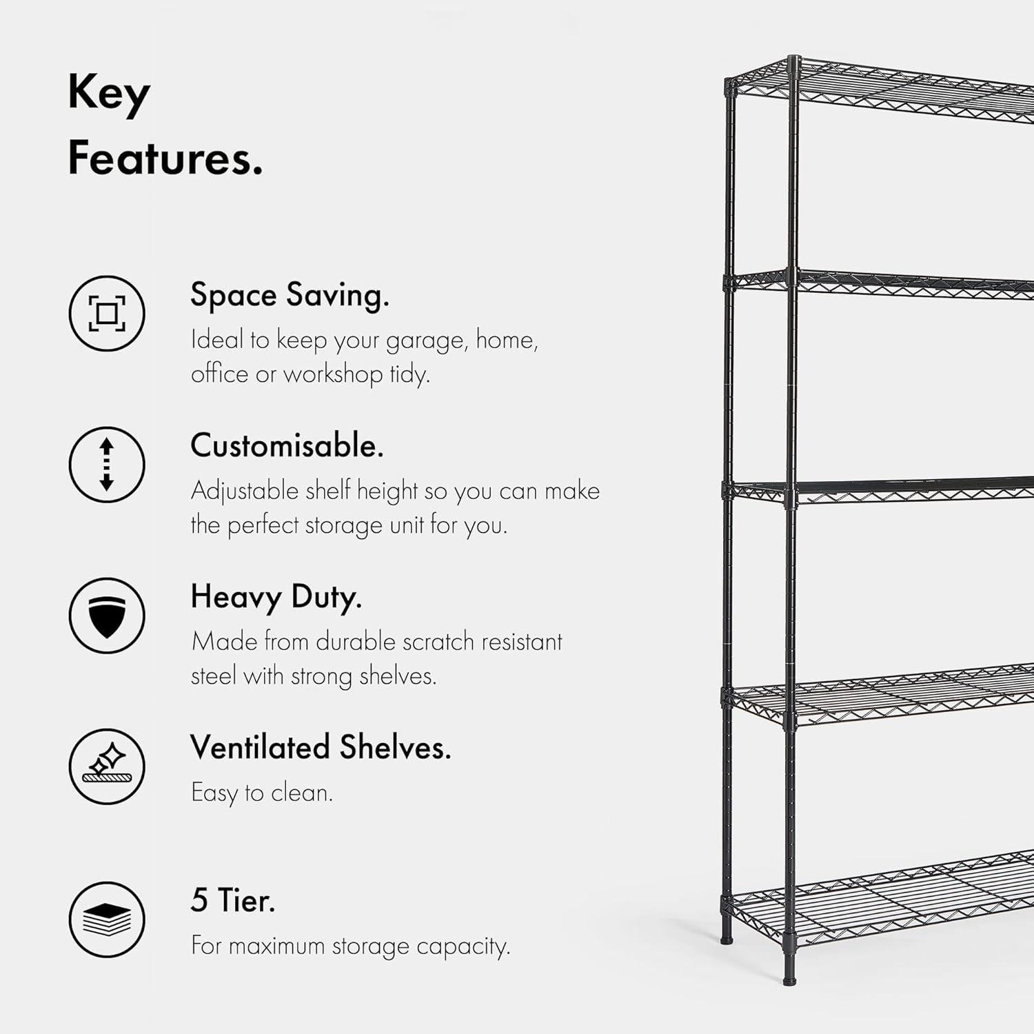 Black - VonHaus - 5 Tier Wire Shelving Unit for Storage - 6