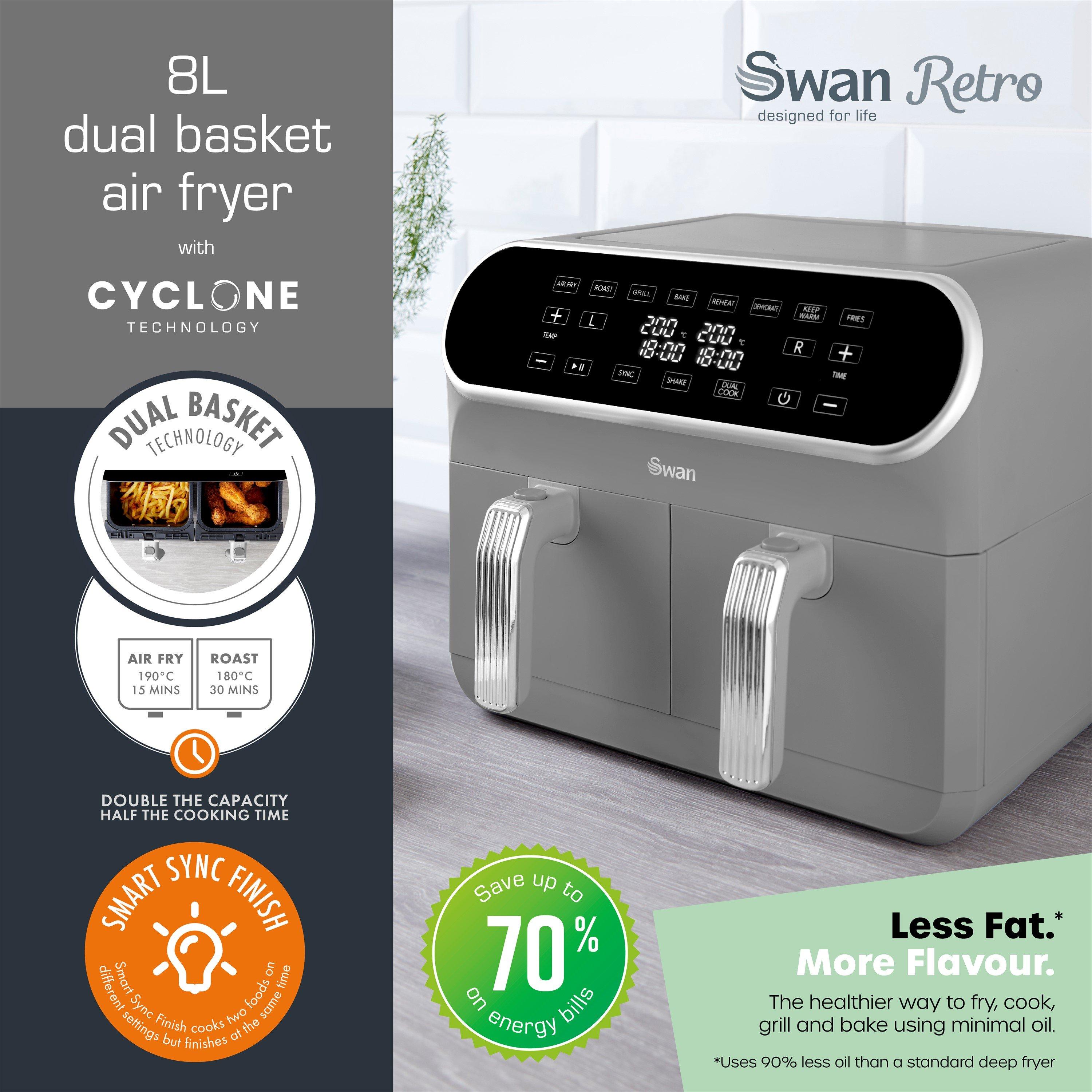 Grey - Swan - Retro 8L Dual Basket Air Fryer Grey - 2