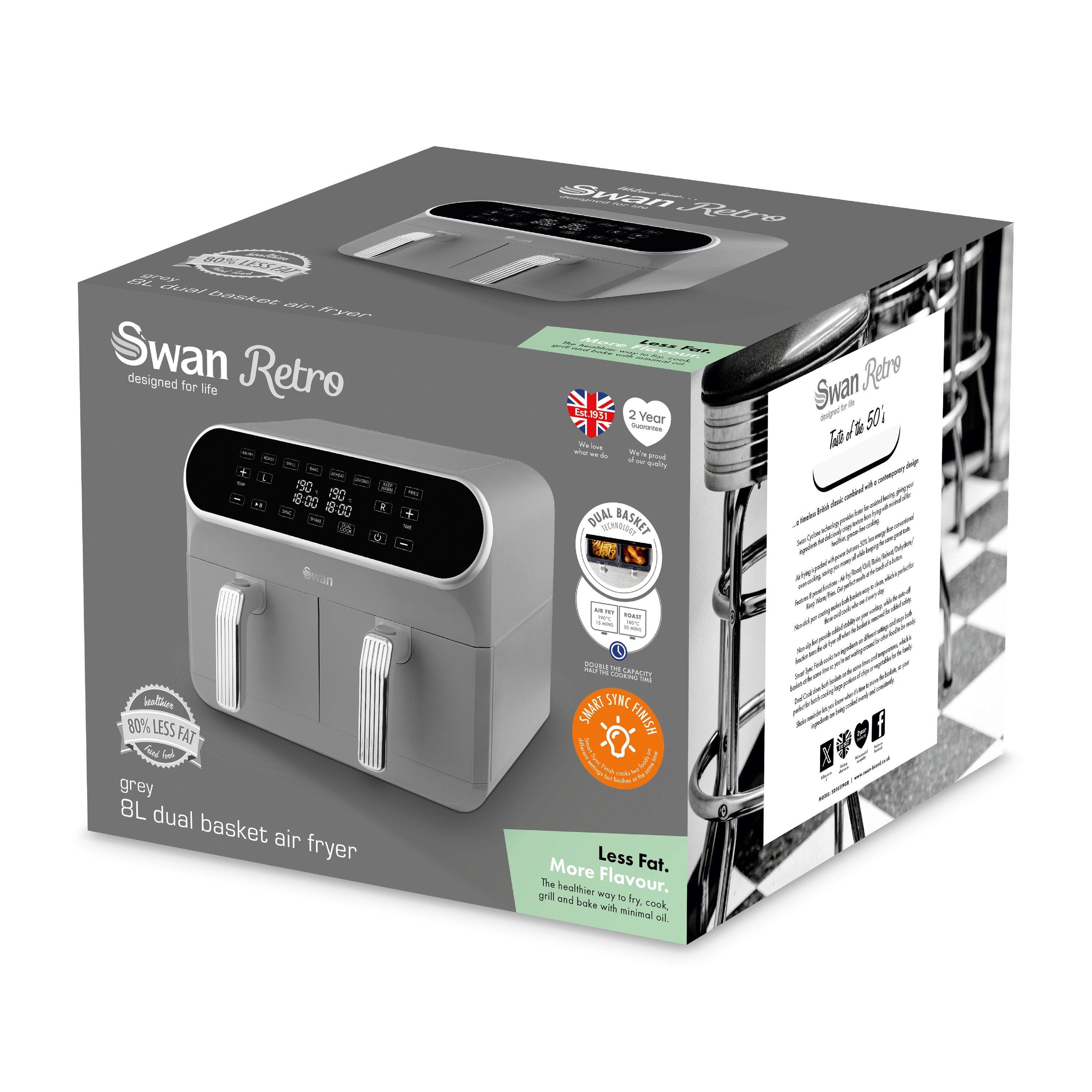 Grey - Swan - Retro 8L Dual Basket Air Fryer Grey - 8