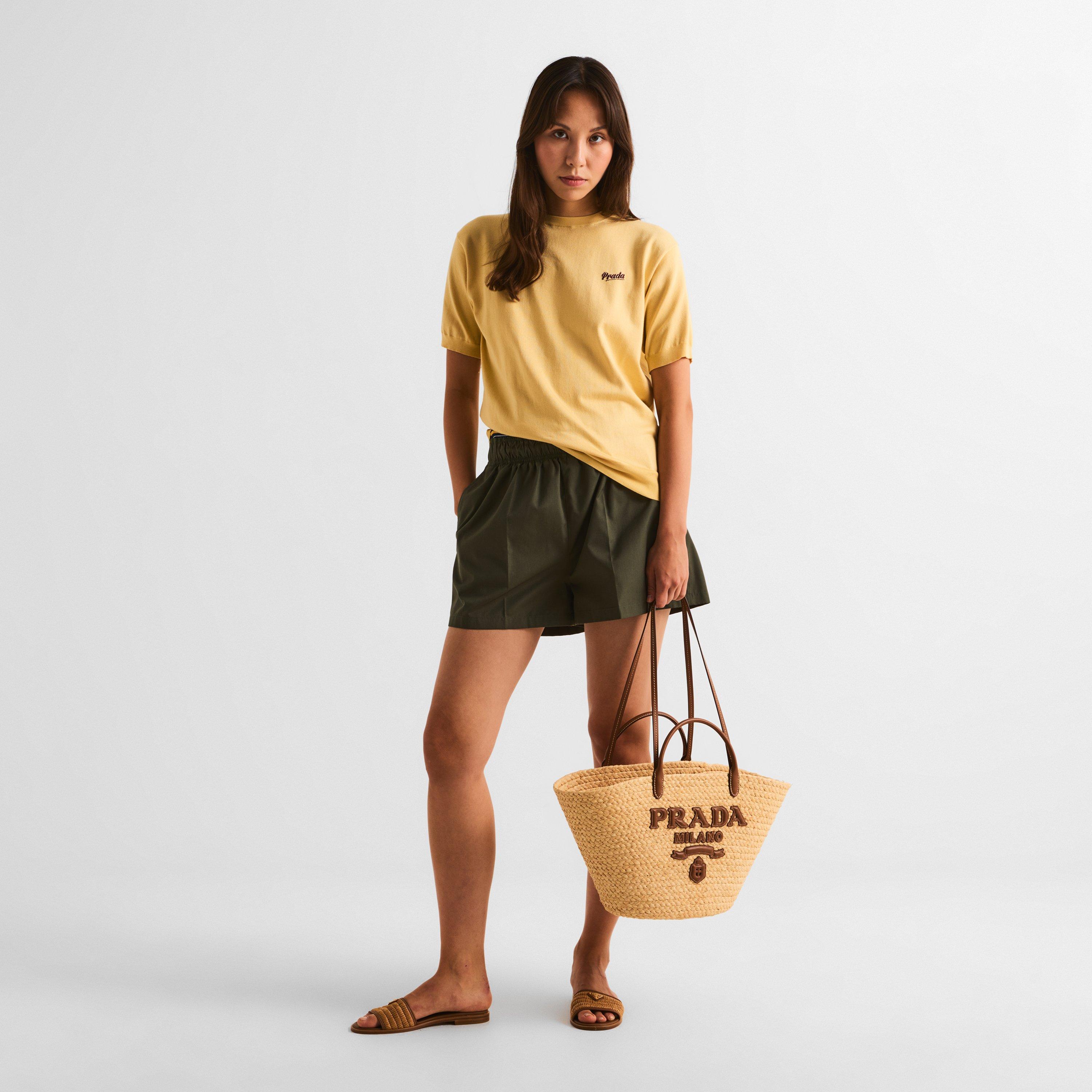 Beige/Cognac - Prada - Women'S Raffia Logo Tote Bag - 6