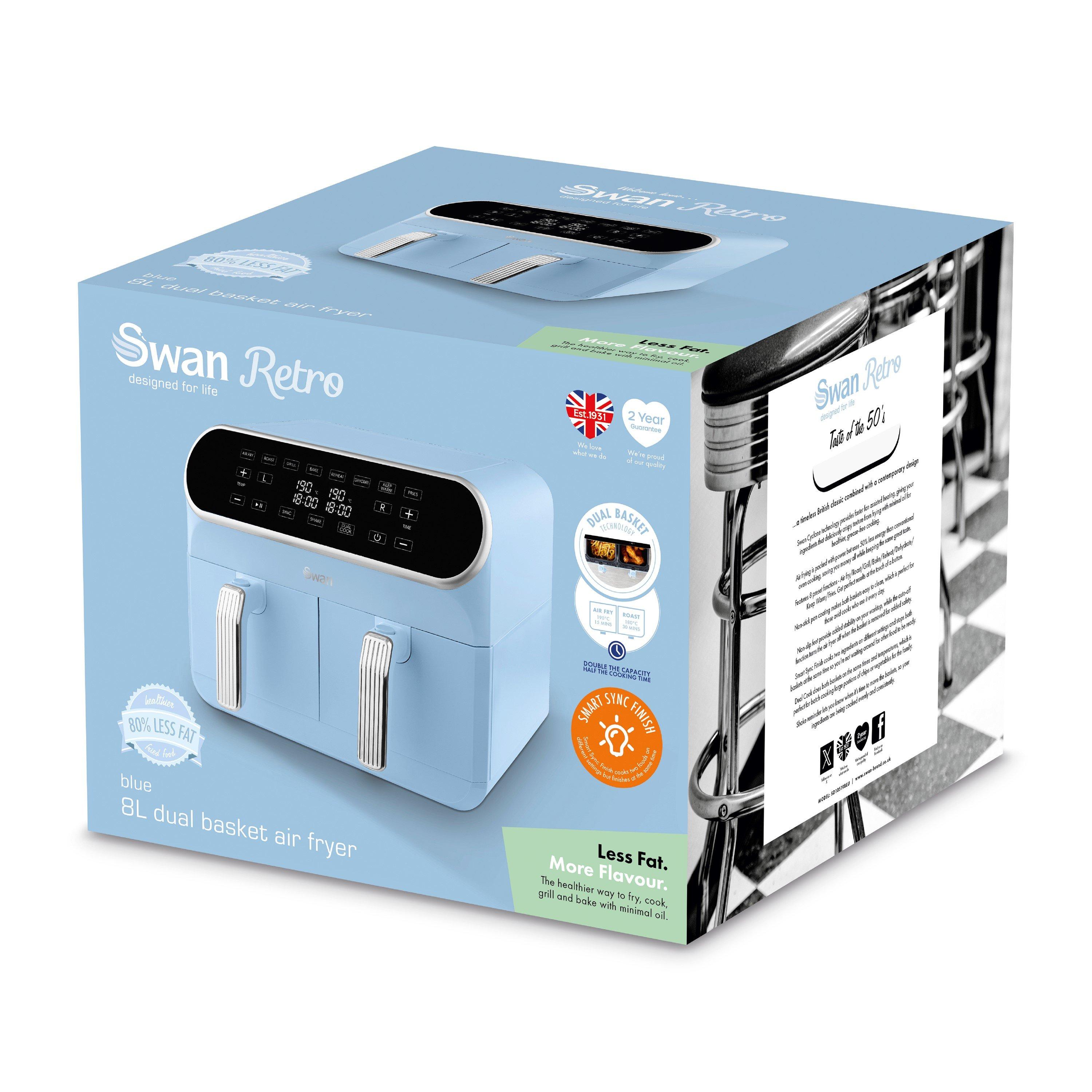 Blue - Swan - Retro Dual 8 Litre Basket Air Fryer Blue - 8