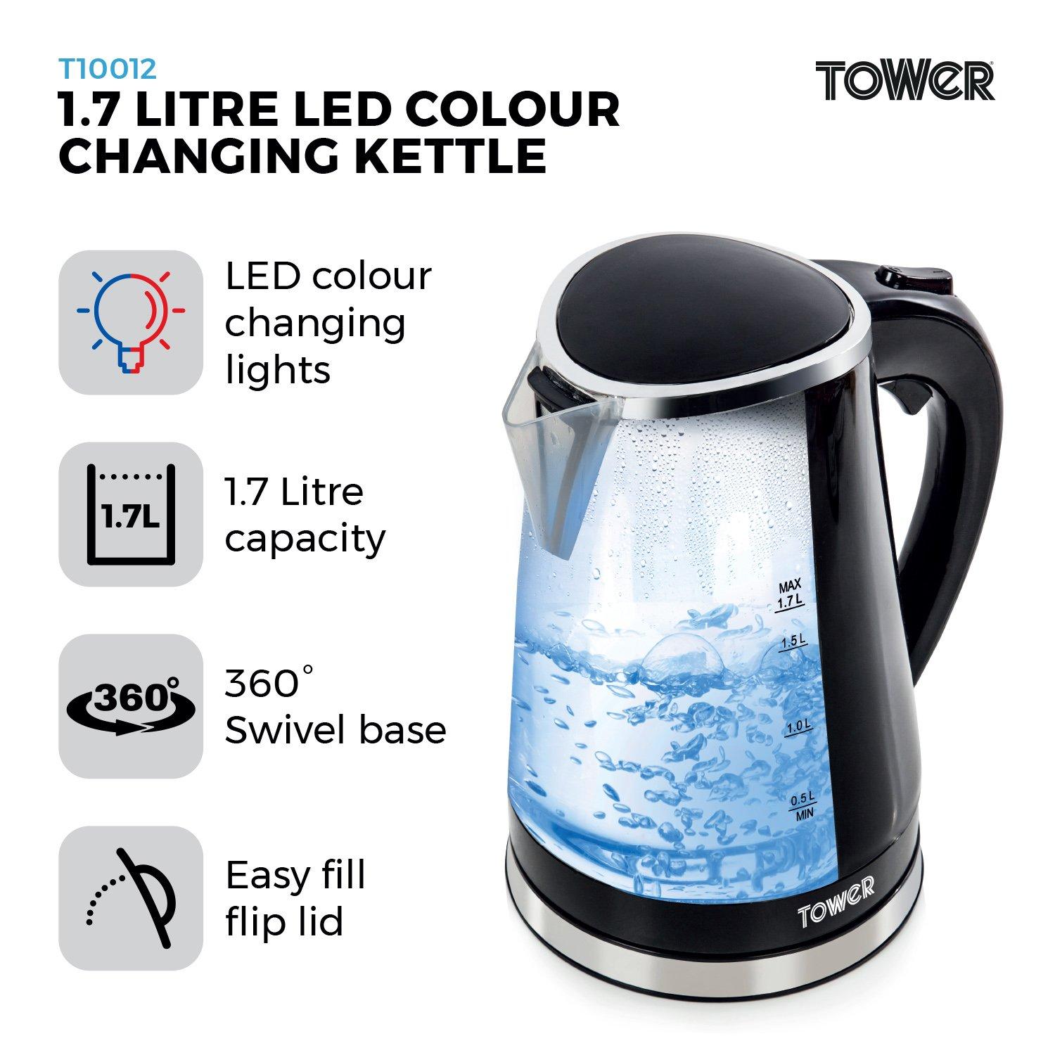 Black - Tower - 2200W 1.7 Litre LED Colour Changing Kettle - 2