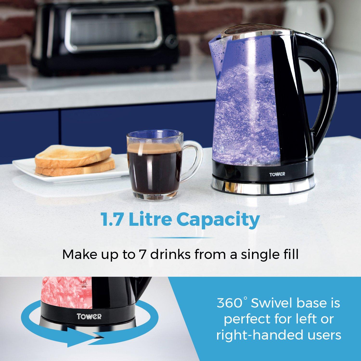 Black - Tower - 2200W 1.7 Litre LED Colour Changing Kettle - 4