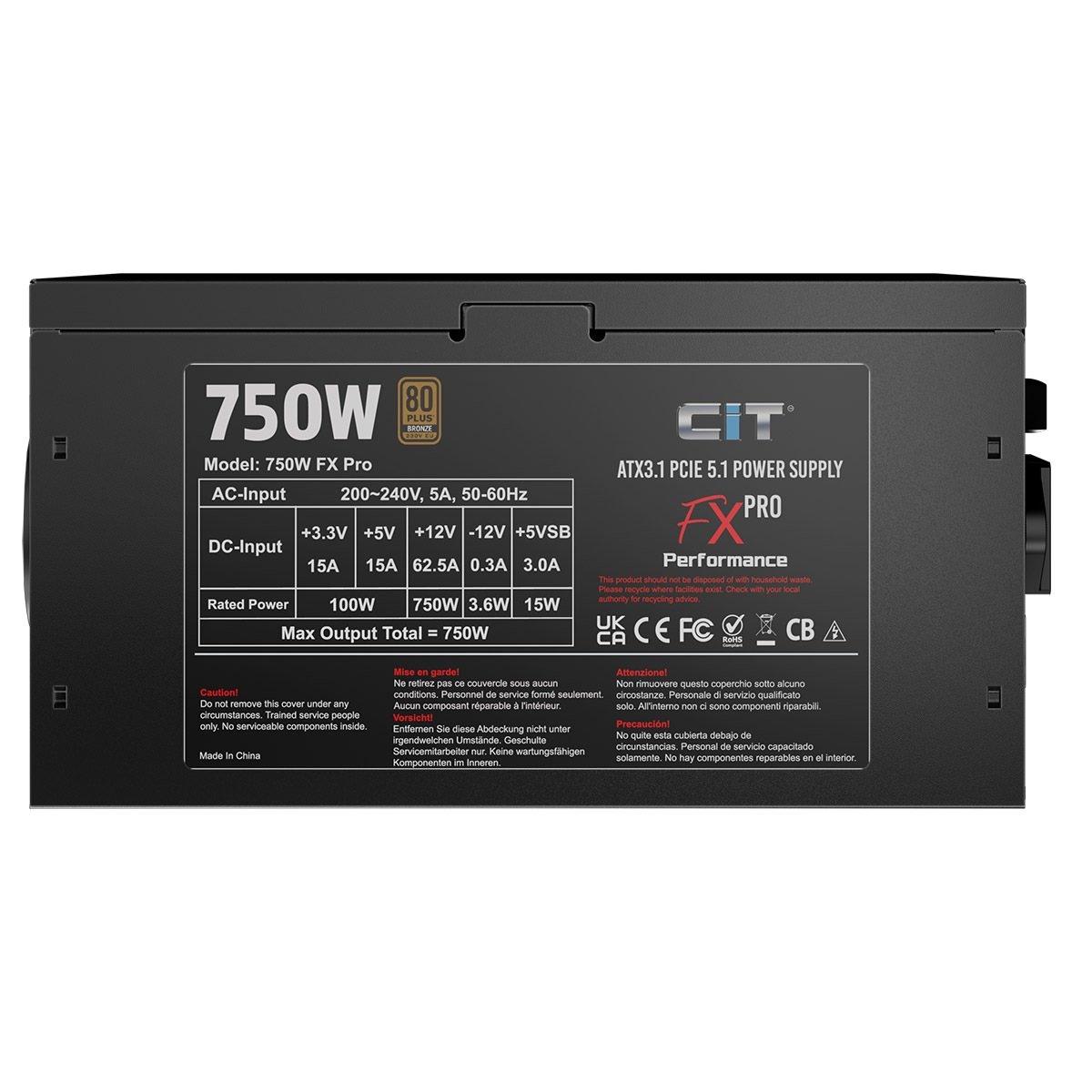 Black - CiT - FX Pro Black ATX 3.1 PCIe 5.1 750W 80 Plus Bronze Power Supply - 3
