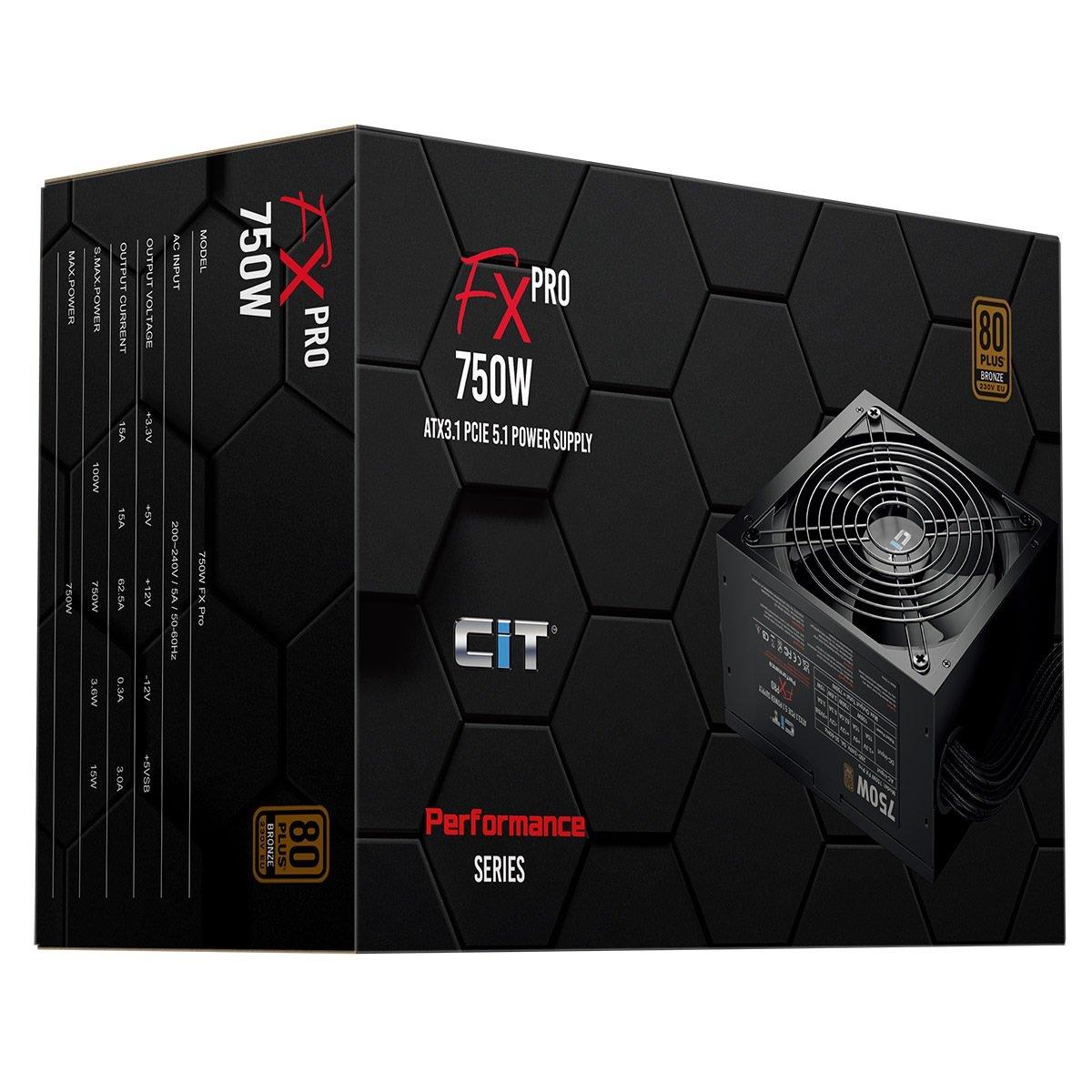 Black - CiT - FX Pro Black ATX 3.1 PCIe 5.1 750W 80 Plus Bronze Power Supply - 5