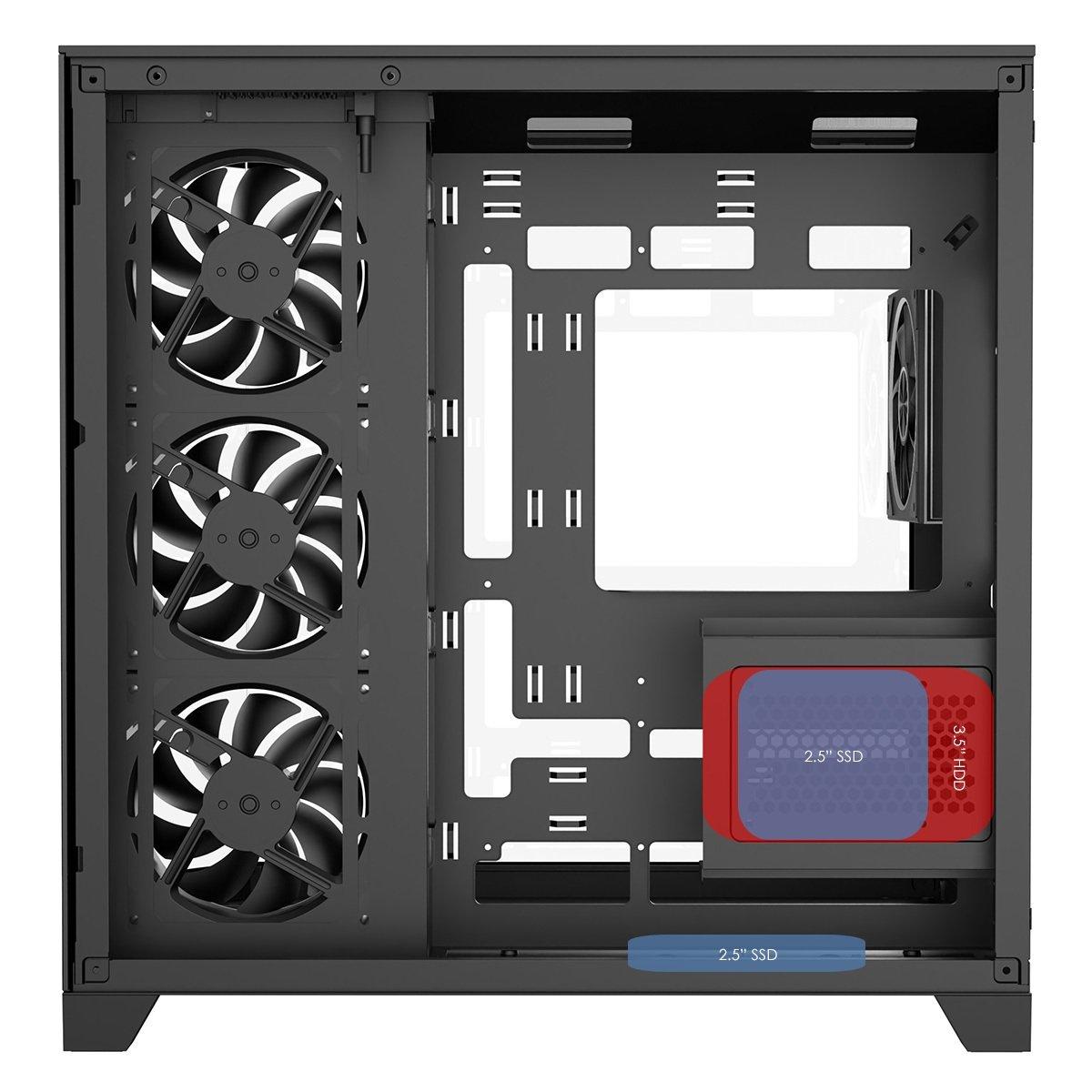 Black - CiT - DS360 PRO Black ATX Gaming Case With Dual Chamber Panoramic Tempered Glass - 4