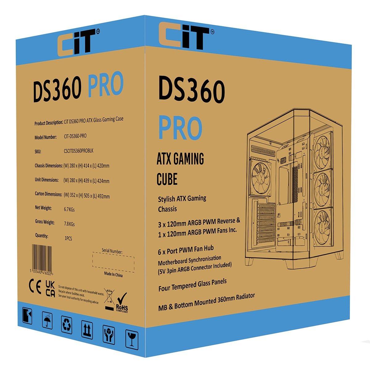 Black - CiT - DS360 PRO Black ATX Gaming Case With Dual Chamber Panoramic Tempered Glass - 5