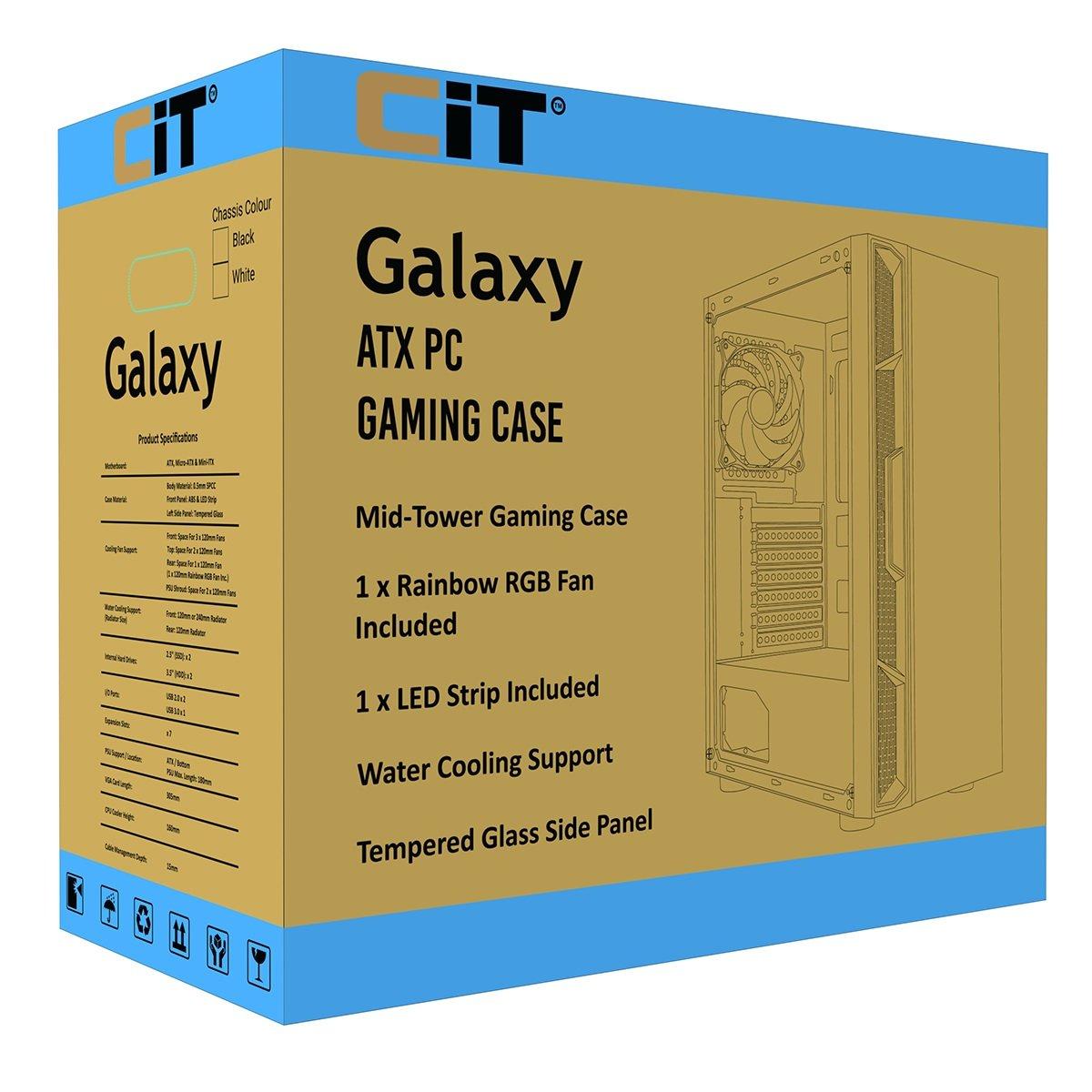 White - CiT - Galaxy White Mid-Tower PC Gaming Case with 1 x LED Strip 1 x 120mm Rainbow RGB Fan Included - 5