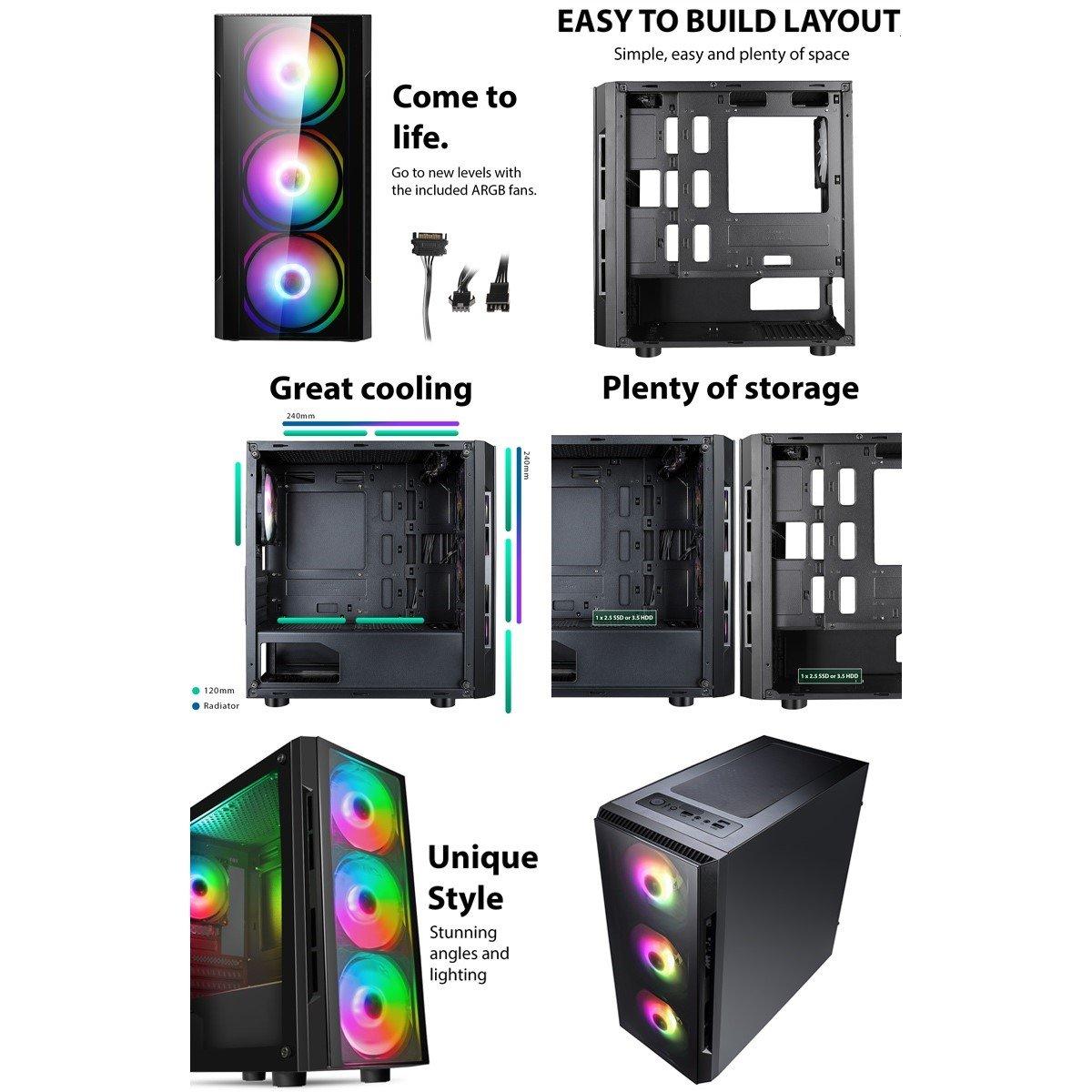 Black - CiT - Flash Gaming Matx Case 4x ARGB fans TG Front and Side Panels EPE - 5