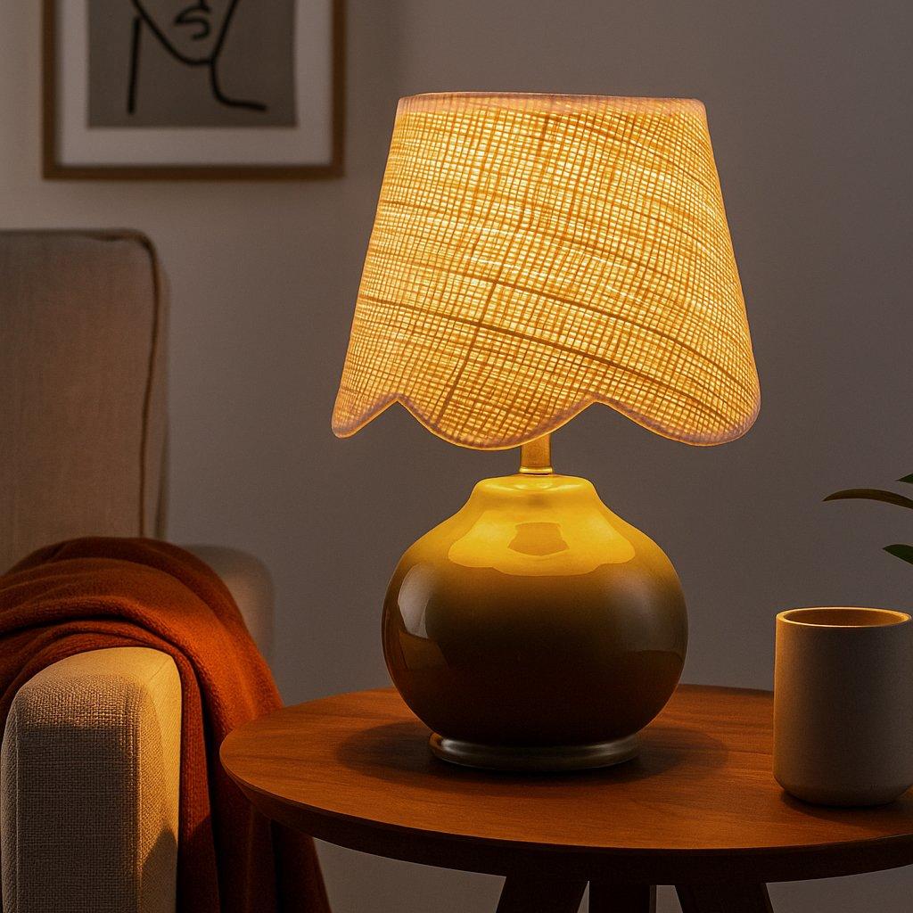 Lighting Collection  Green Ceramic Table Lamp With Scallop Cane Shade - Sage Green And