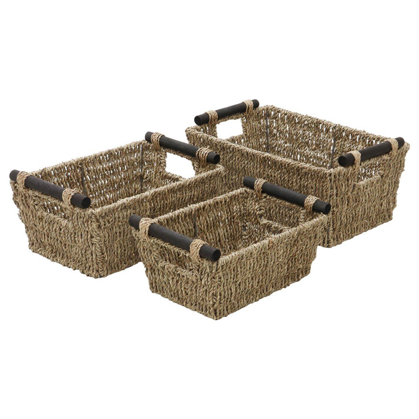 Natural - JVL - Seagrass Set of 3 Rectangular Storage Baskets Wood - 1