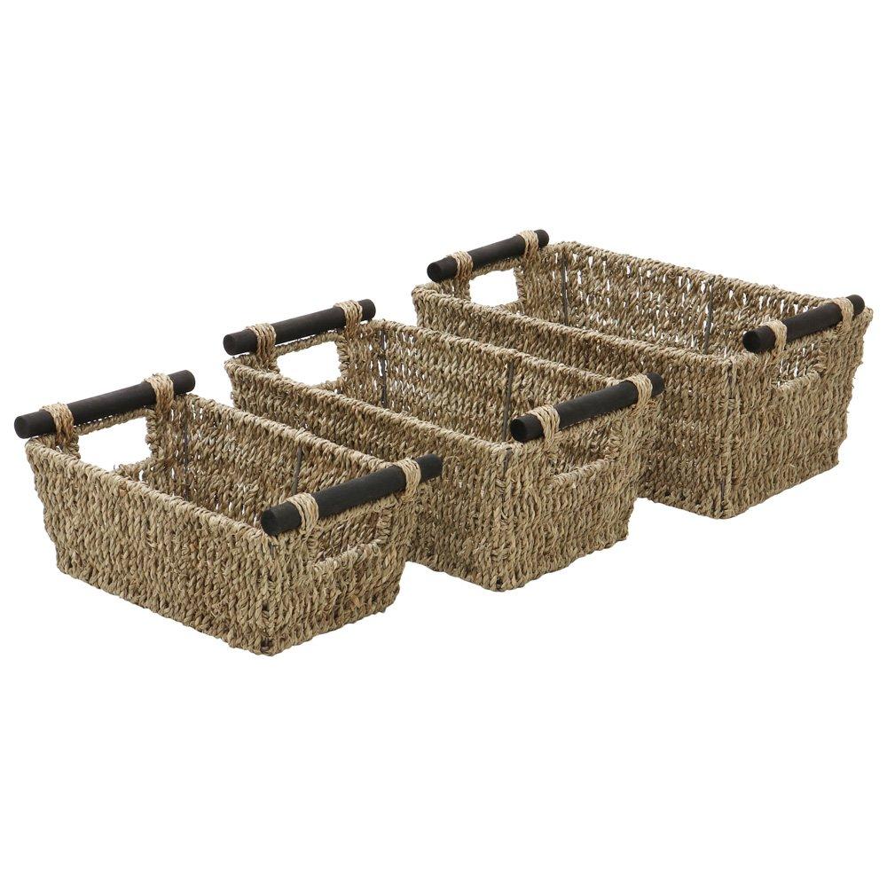 Natural - JVL - Seagrass Set of 3 Rectangular Storage Baskets Wood - 2