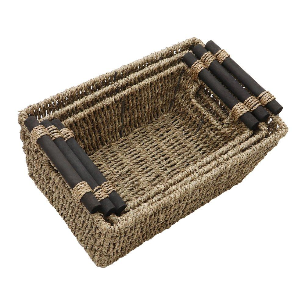 Natural - JVL - Seagrass Set of 3 Rectangular Storage Baskets Wood - 5
