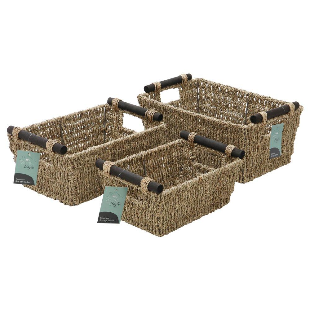 Natural - JVL - Seagrass Set of 3 Rectangular Storage Baskets Wood - 8