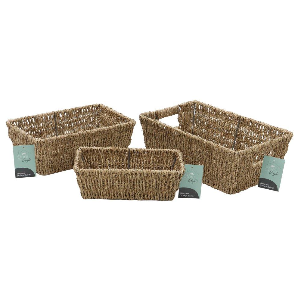 Natural - JVL - Seagrass Set of 3 Rectangular Tapered Storage Bask - 9