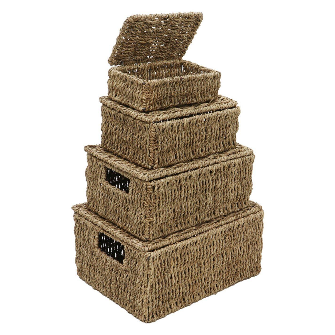 Natural - JVL - Seagrass Set of 4 Rectangular Lidded Storage Baske - 1