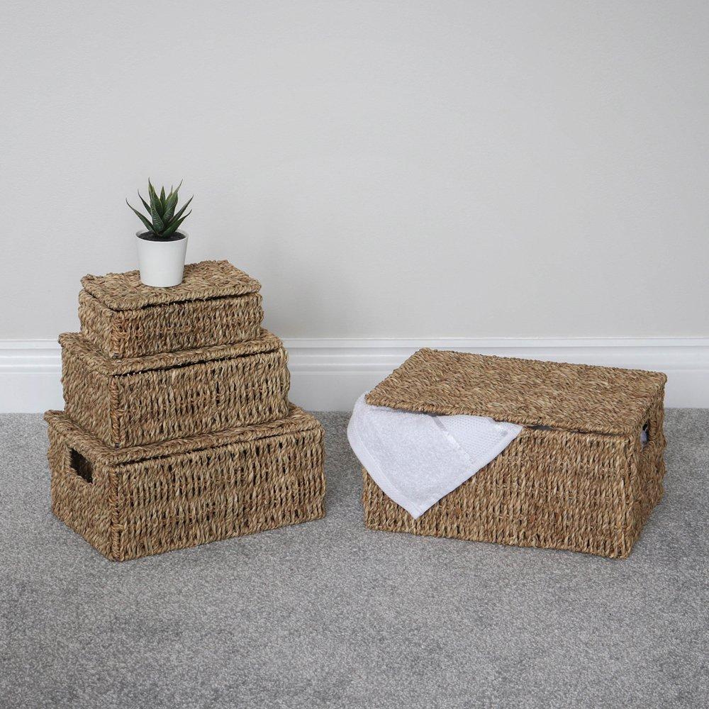 Natural - JVL - Seagrass Set of 4 Rectangular Lidded Storage Baske - 7