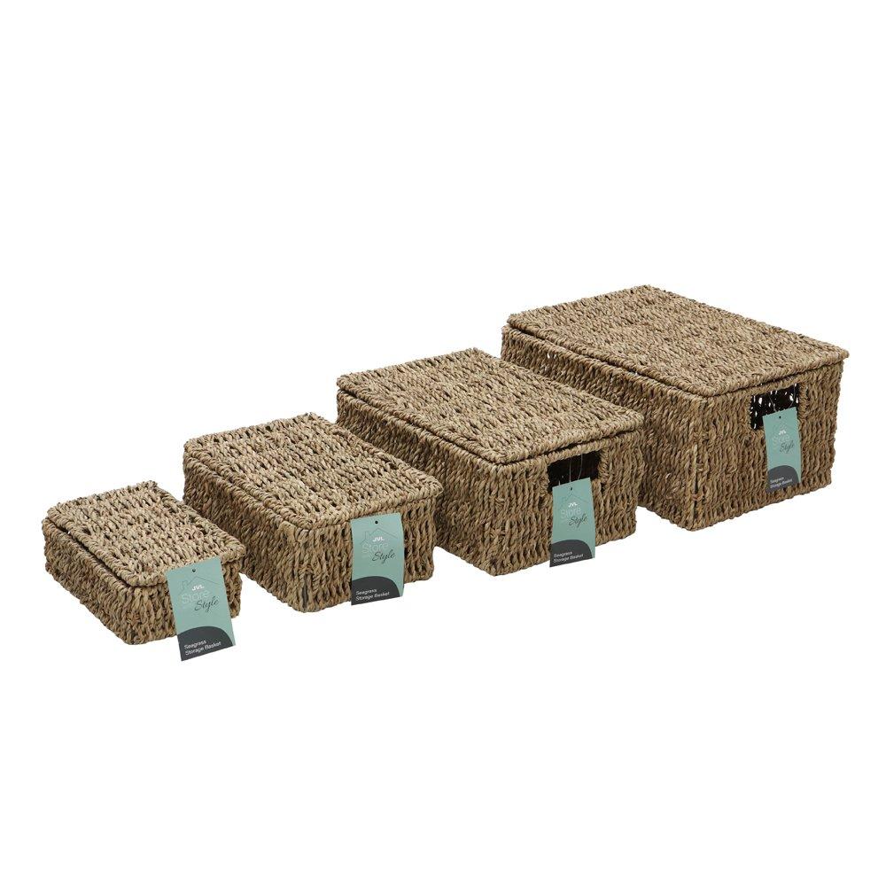 Natural - JVL - Seagrass Set of 4 Rectangular Lidded Storage Baske - 8