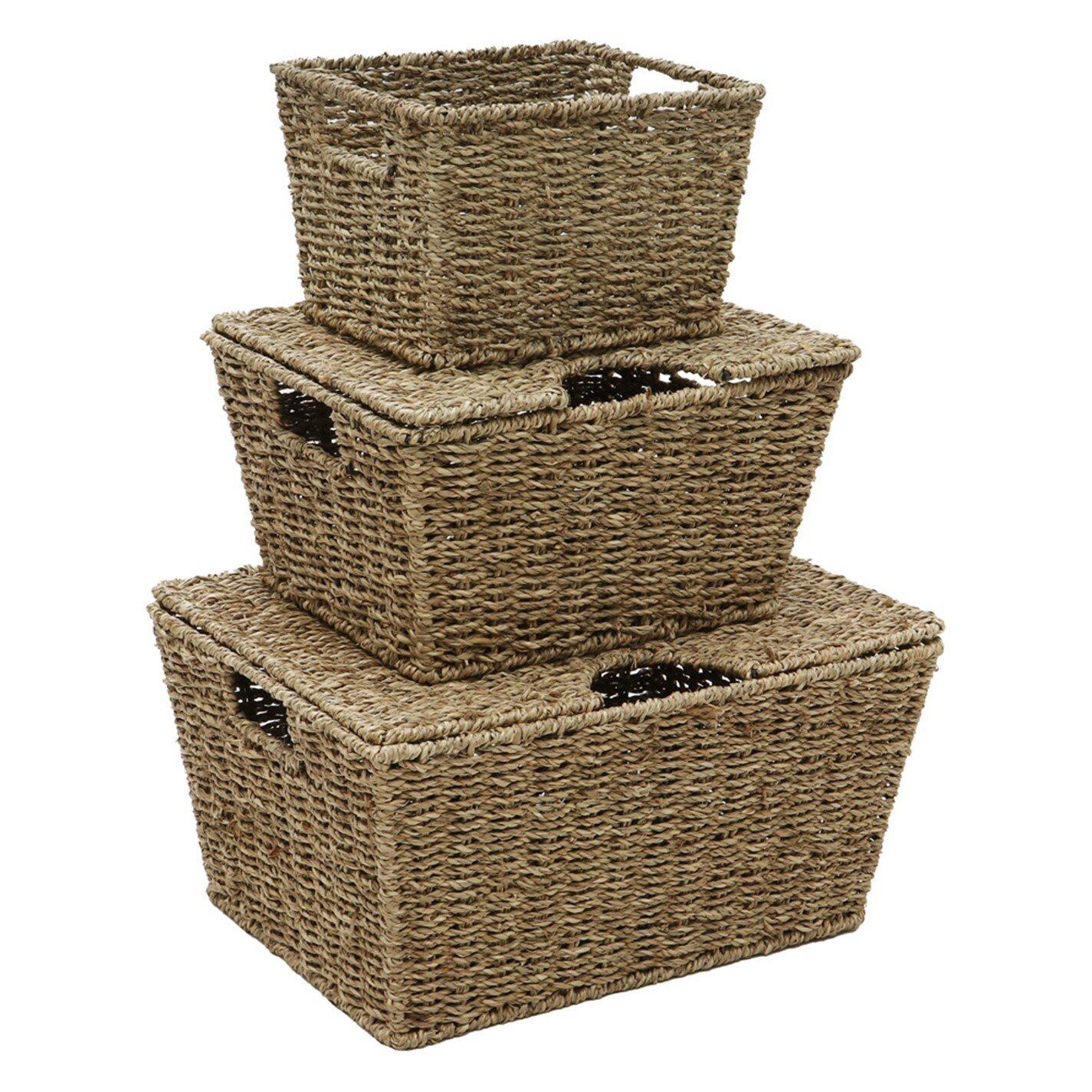 Natural - JVL - Seagrass Set of 3 Rectangular Lidded Storage Baske - 1