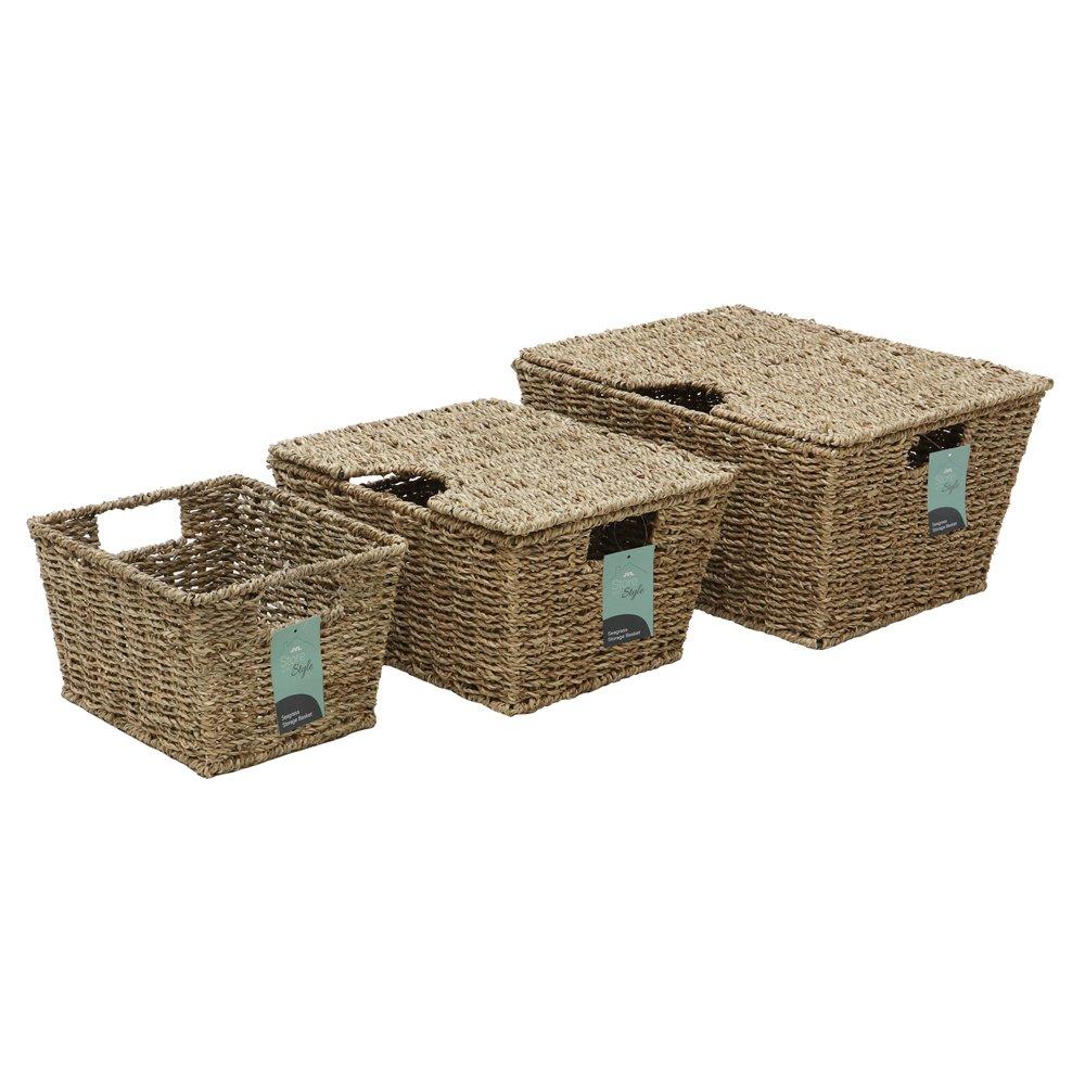 Natural - JVL - Seagrass Set of 3 Rectangular Lidded Storage Baske - 10