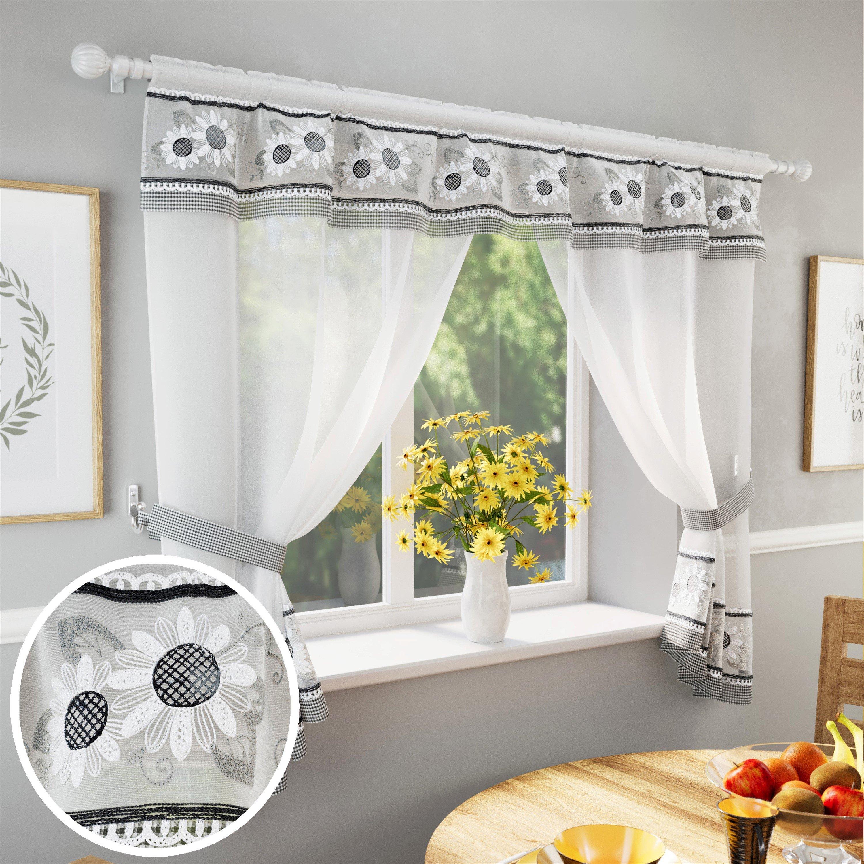 Black - Tyrone Textiles - Keswick Floral Embroidery Window Set and Tie Backs - 1