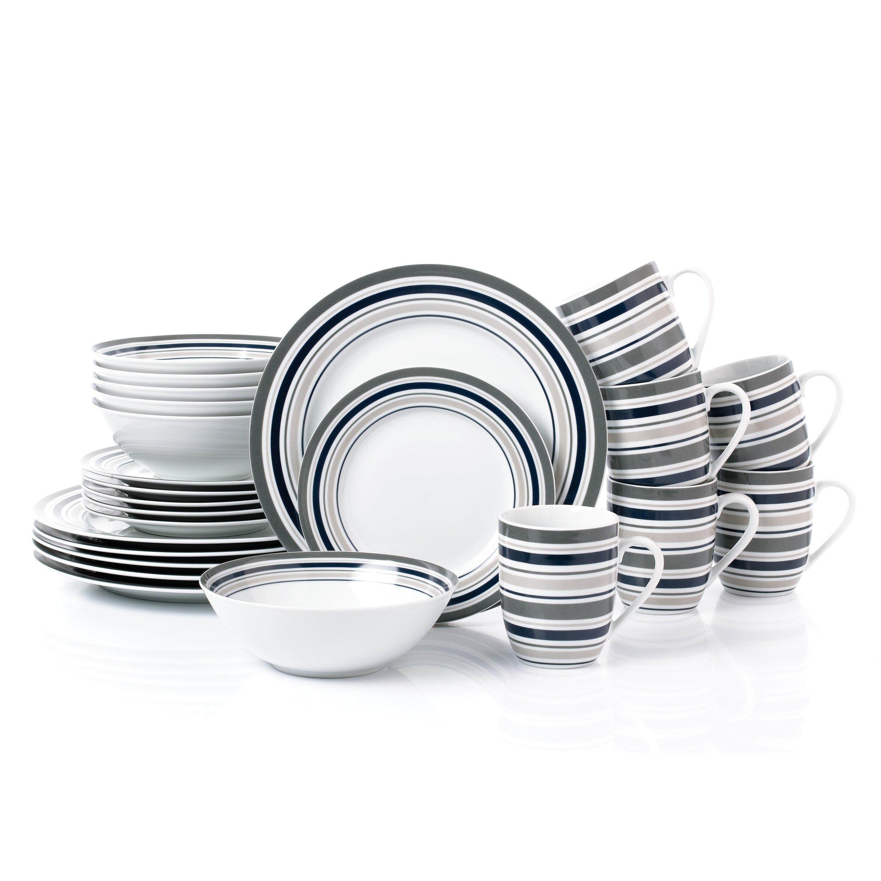 White With Grey - Waterside - 24PC Brompton Grey Stripe Dinner Set - 1