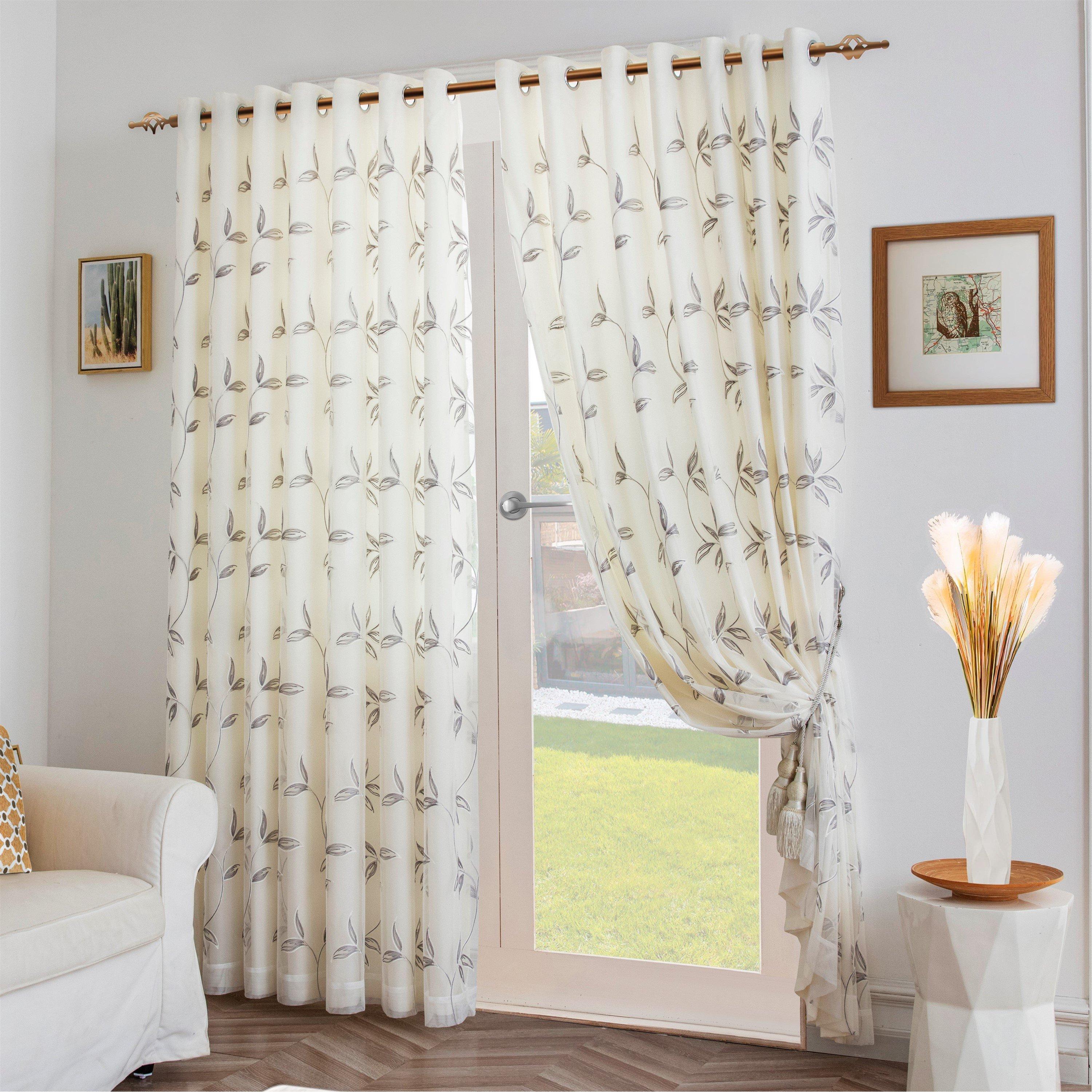 Silver - Alan Symonds - Leaf Embroidered Tulle Voile Curtains Ring Top - 1