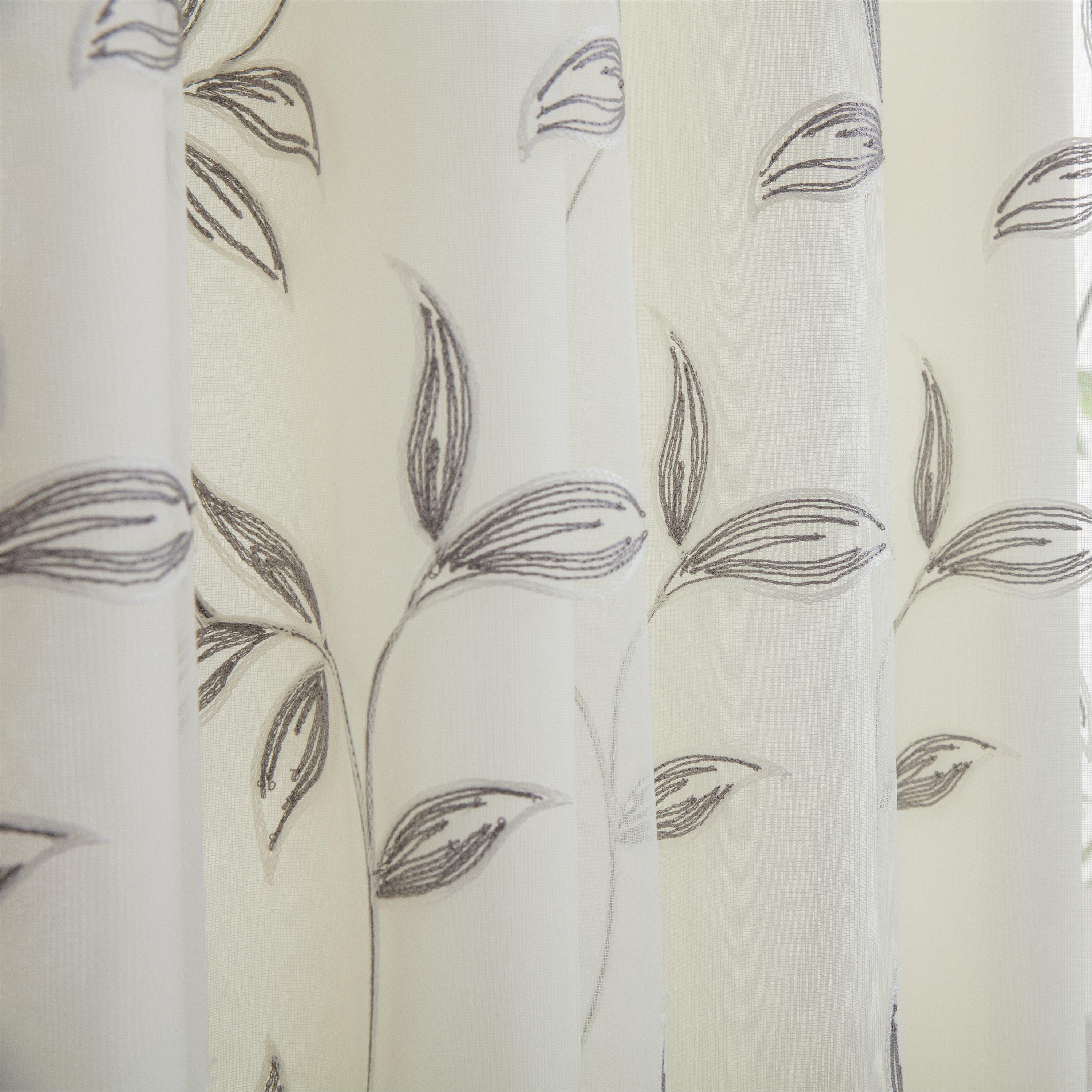 Silver - Alan Symonds - Leaf Embroidered Tulle Voile Curtains Ring Top - 3