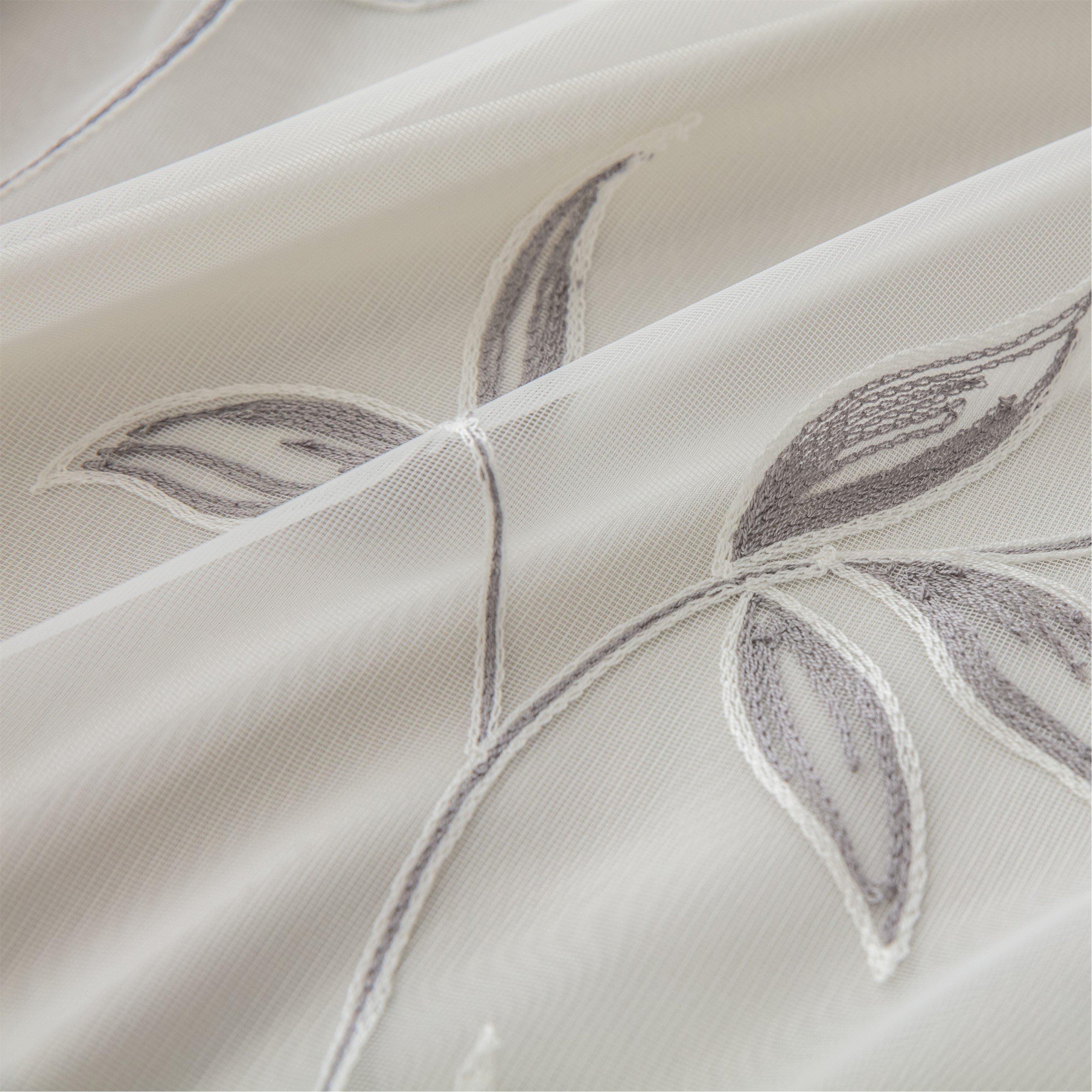 Silver - Alan Symonds - Leaf Embroidered Tulle Voile Curtains Ring Top - 4