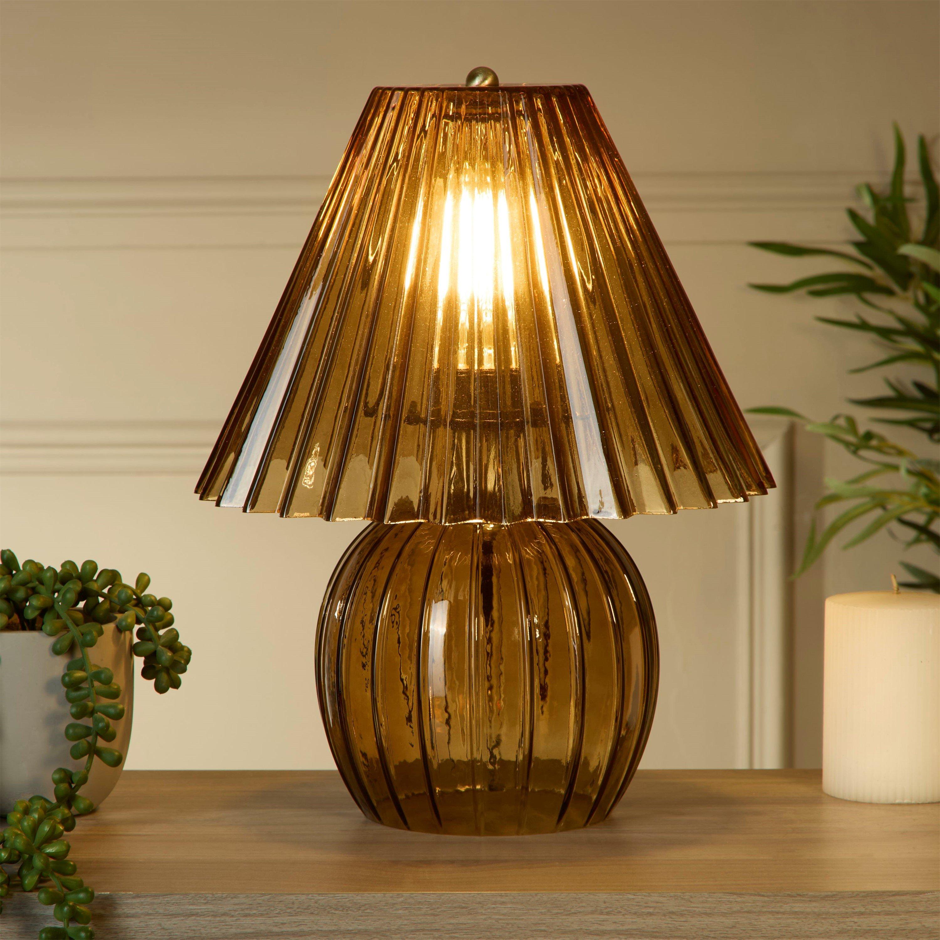Lighting Collection  Ribbed Amber Glass Table Lamp - Antique Brass A