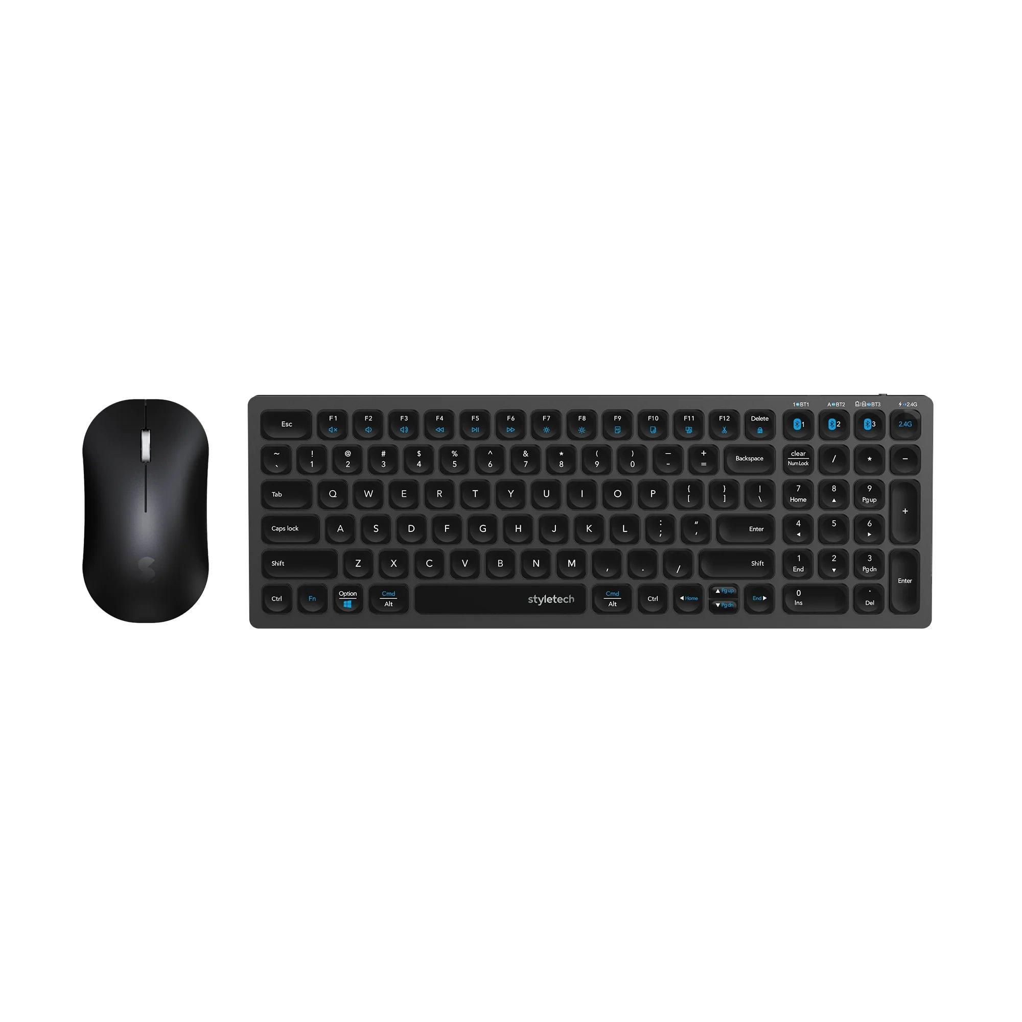 Black - Styletech - Silent Multi-Mode Bluetooth Wireless Mouse and Keyboard Bundle for PC & Mac - Black - 1