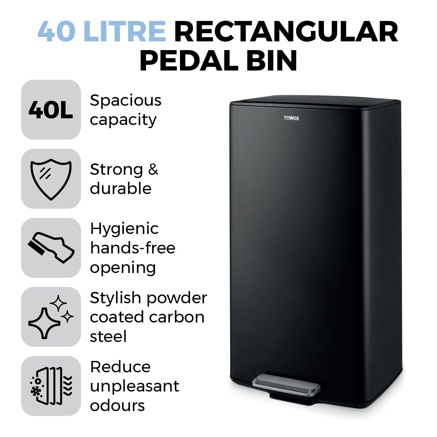 Black - Tower - 40L Rectangular Pedal Bin - 2