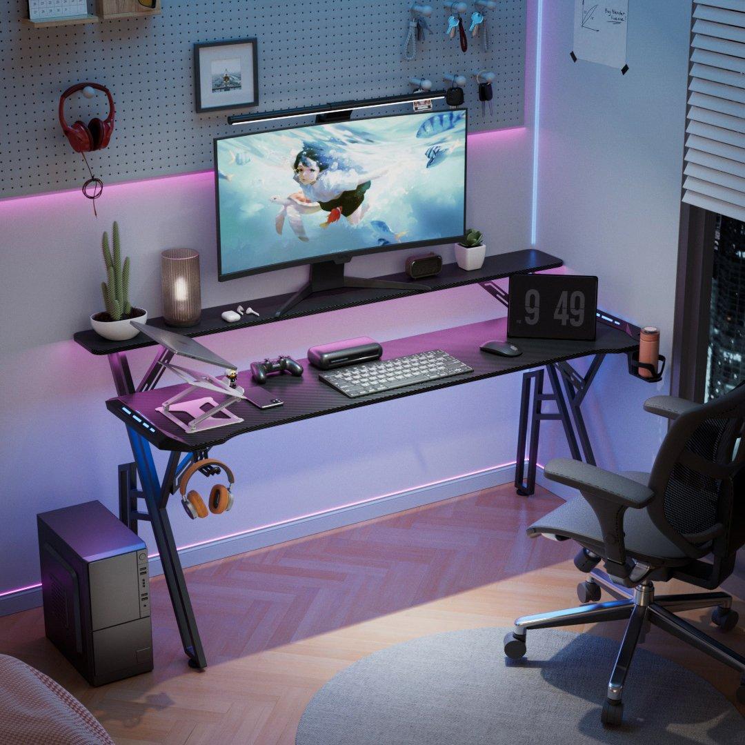 Black - Kabinet UK - Gaming Desk with LED Lights and Monitor Stand - 1
