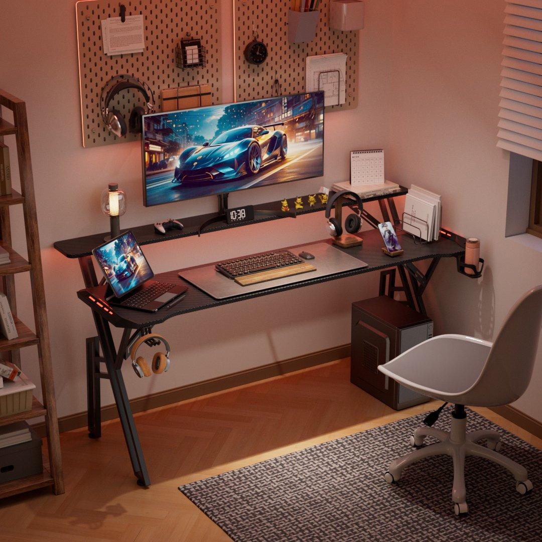 Black - Kabinet UK - Gaming Desk with LED Lights and Monitor Stand - 2
