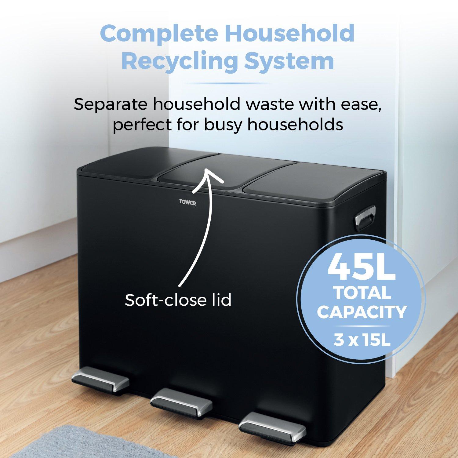 Black - Tower - 45L Recycling Pedal Bin - 3