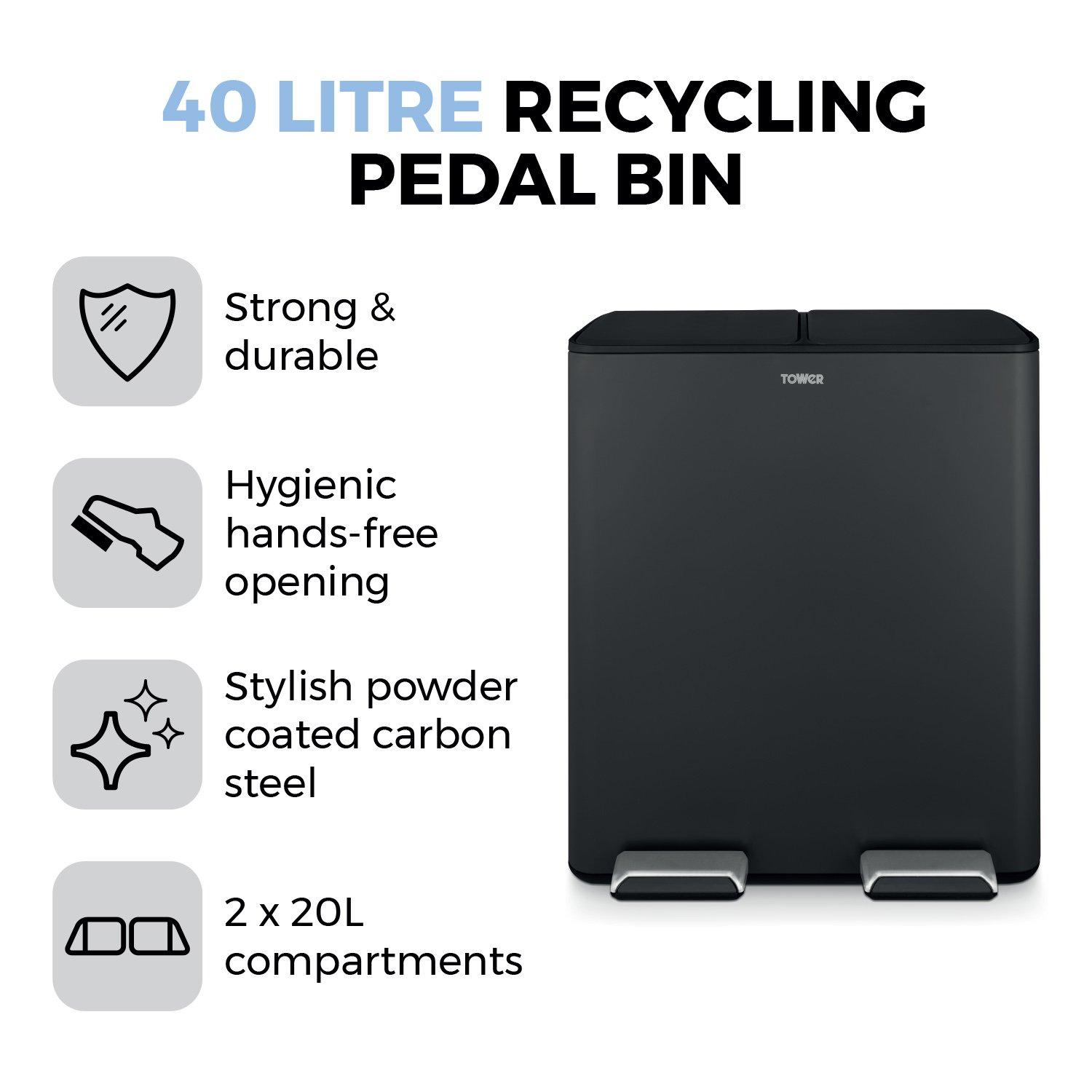Black - Tower - 40L Recycling Pedal Bin - 2