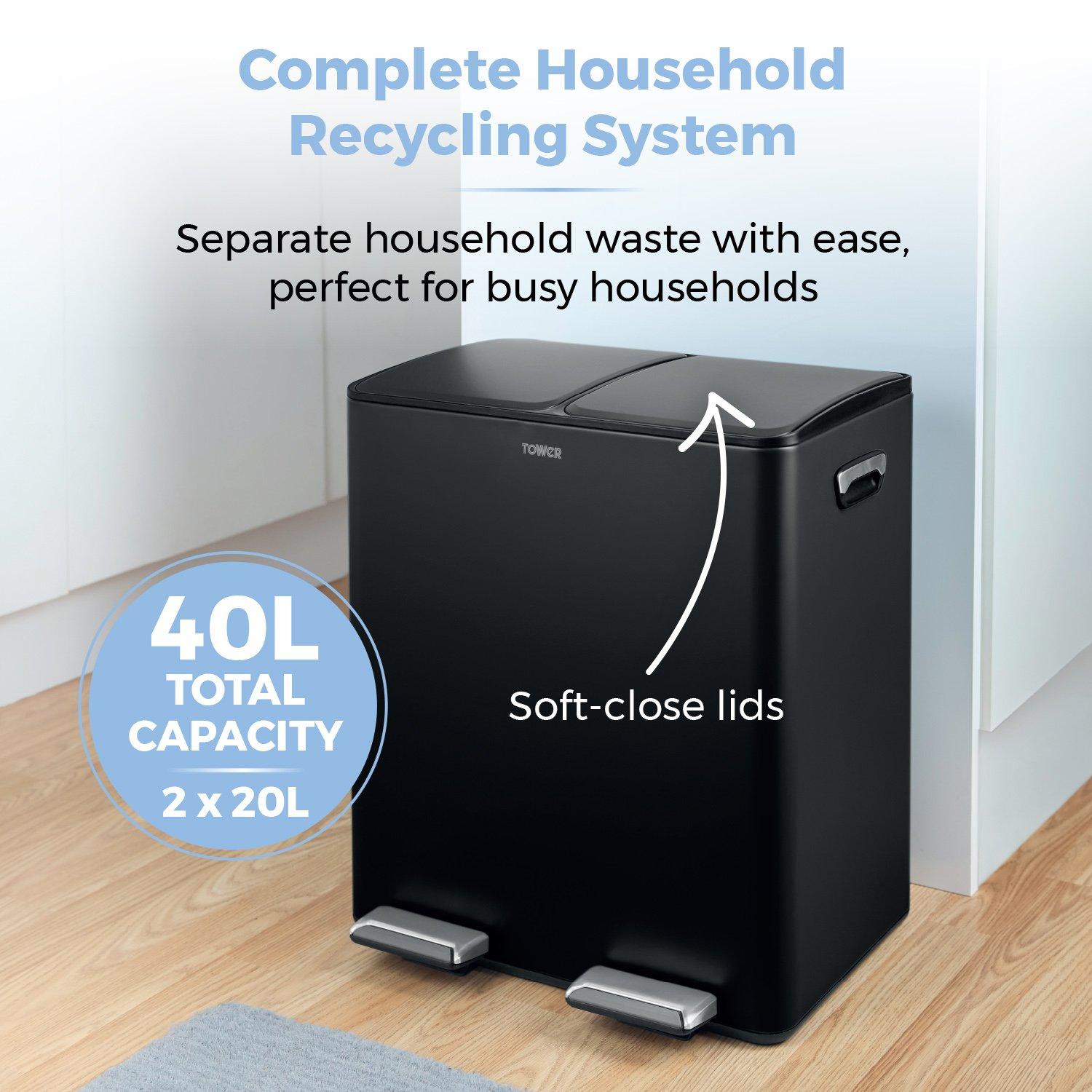 Black - Tower - 40L Recycling Pedal Bin - 3