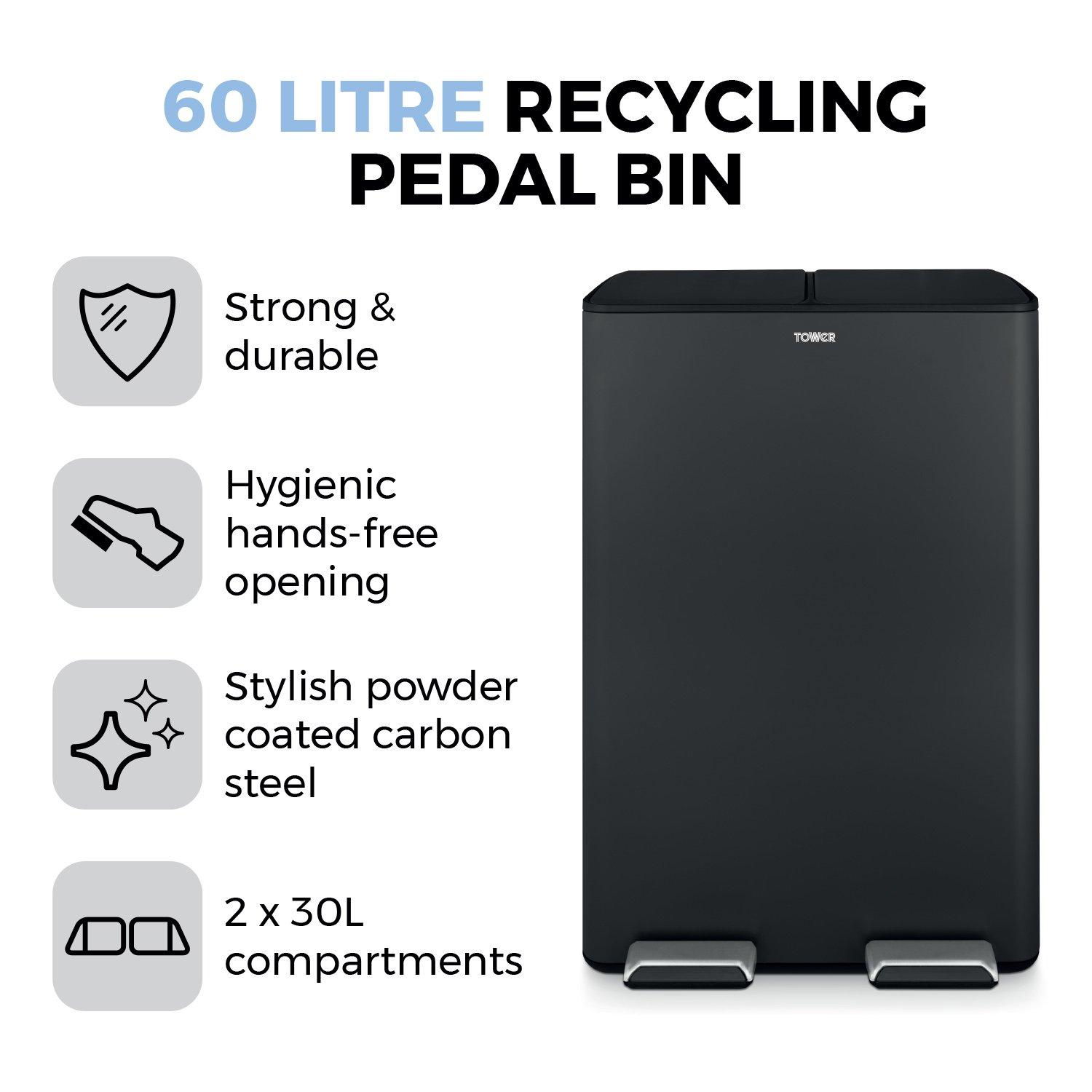 Black - Tower - 60L Recycling Pedal Bin - 2