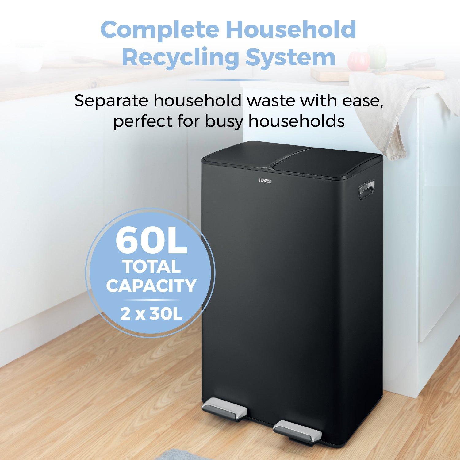 Black - Tower - 60L Recycling Pedal Bin - 3