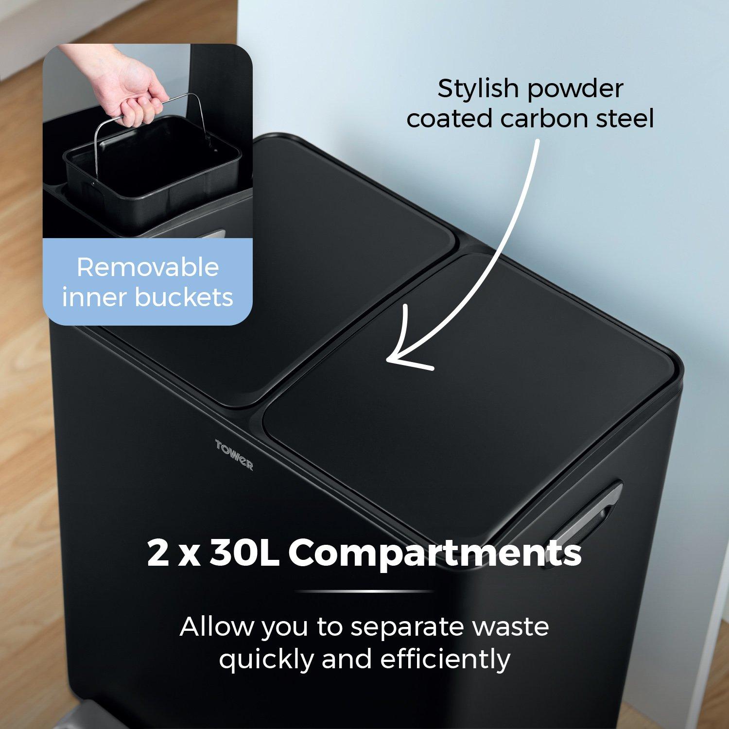 Black - Tower - 60L Recycling Pedal Bin - 5