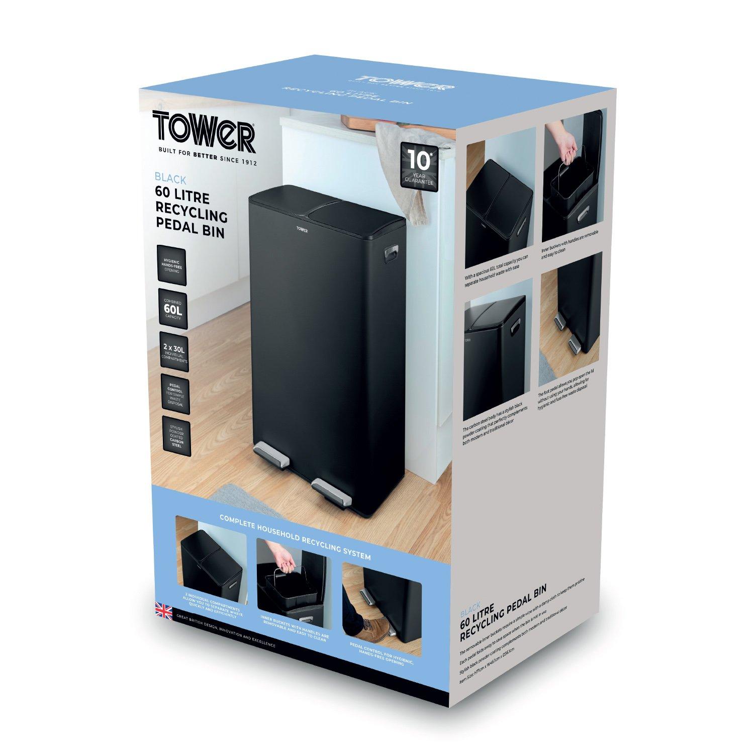 Black - Tower - 60L Recycling Pedal Bin - 8